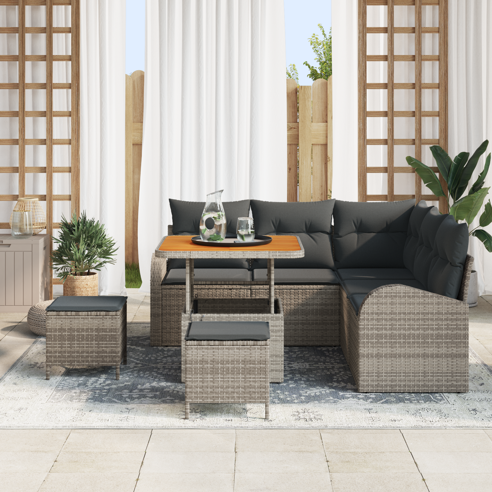 vidaXL 8-delige Tuinbankenset met kussens poly rattan acacia grijs