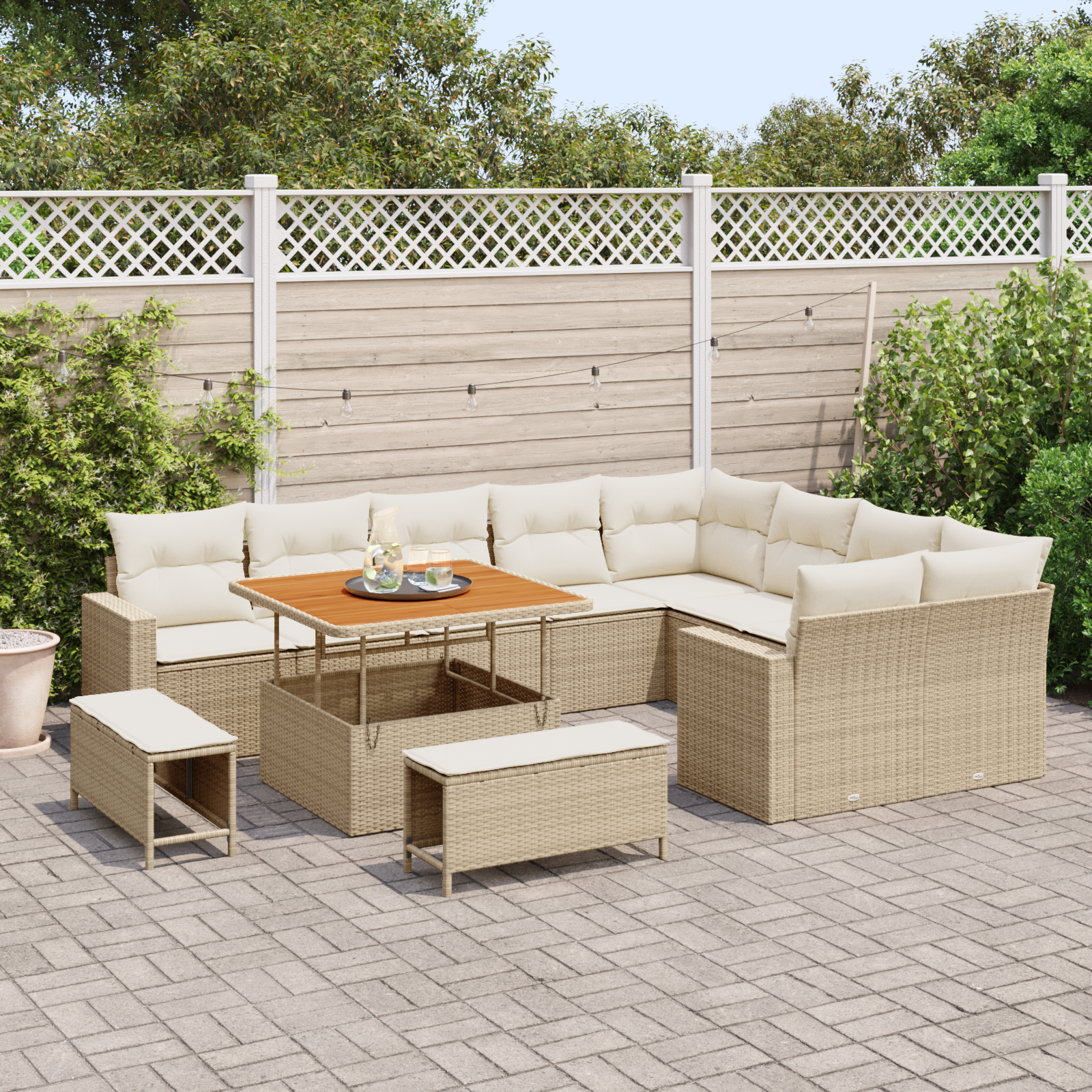 vidaXL 12-delige Tuinbankenset met kussens poly rattan acacia beige