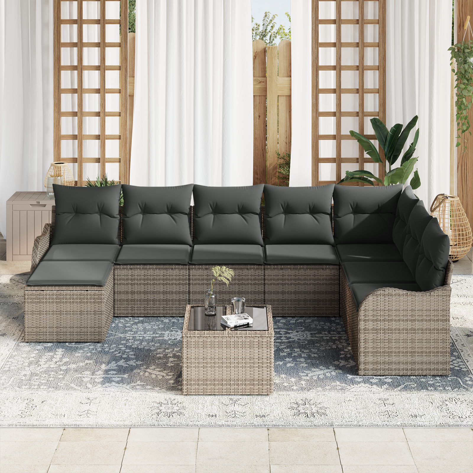 vidaXL 8-delige Tuinbankenset met kussens poly rattan zwart