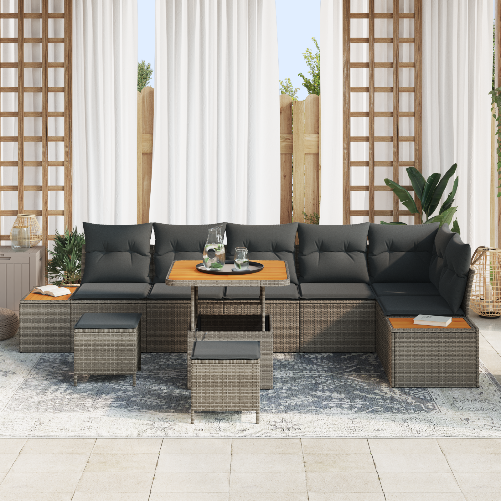 vidaXL 9-delige Tuinbankenset met kussens poly rattan acacia grijs