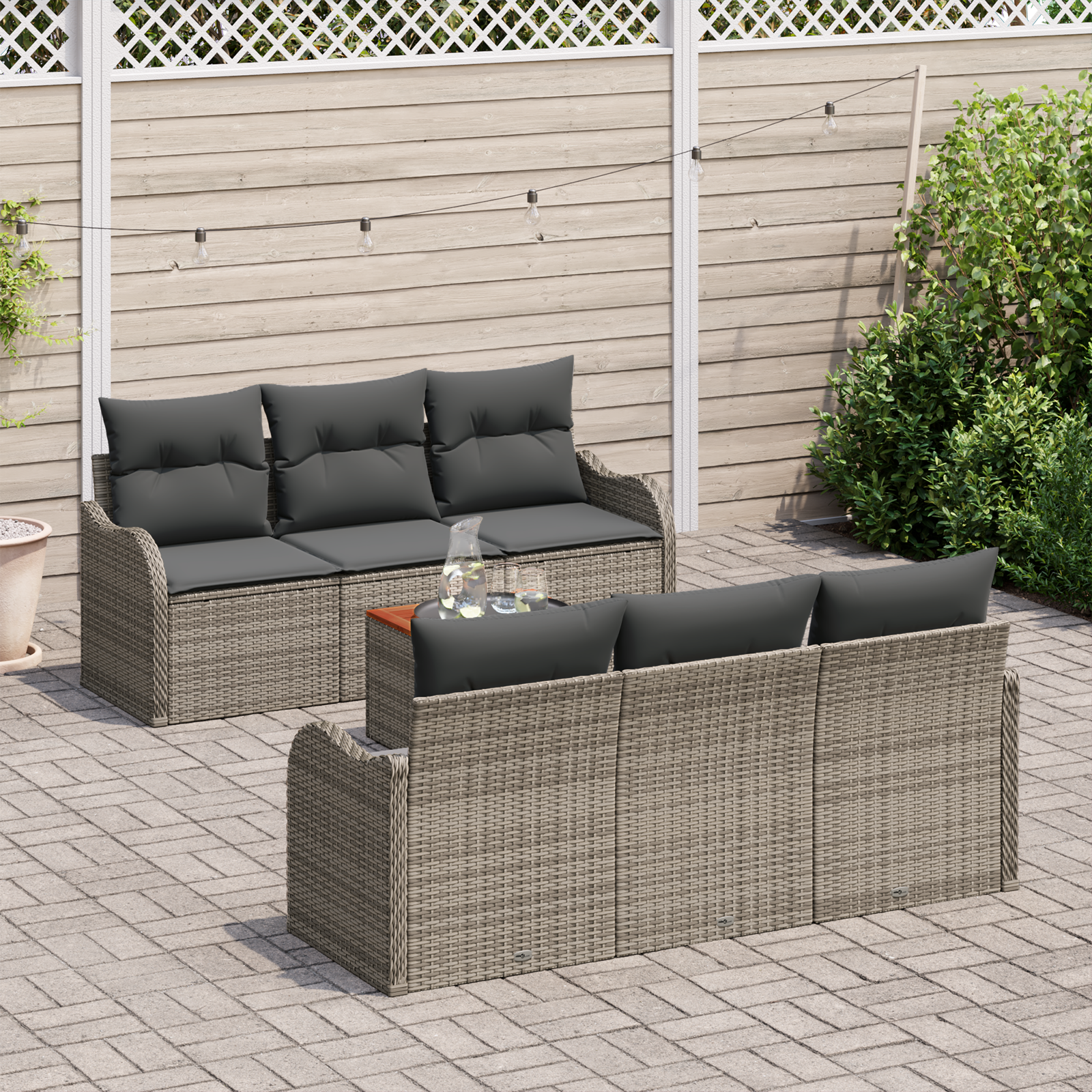 vidaXL 7-delige Tuinbankenset met kussens poly rattan acacia grijs