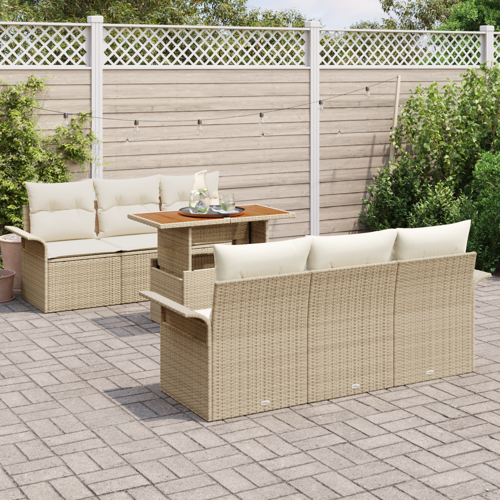 vidaXL 7-delige tuinsofa set met kussens in beige poly rattan en acacia
