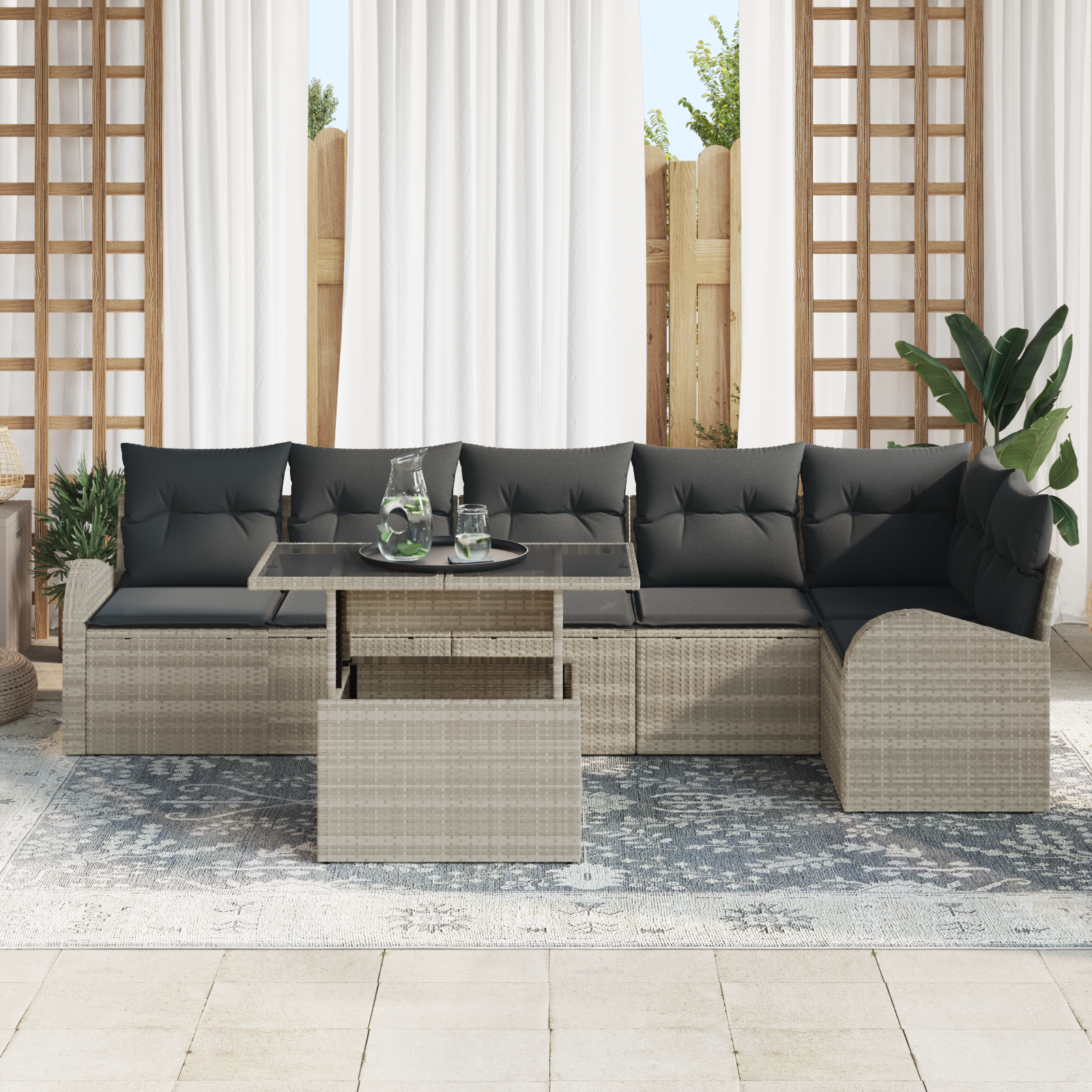 vidaXL 7-delige tuinset met kussens in lichtgrijs poly rattan