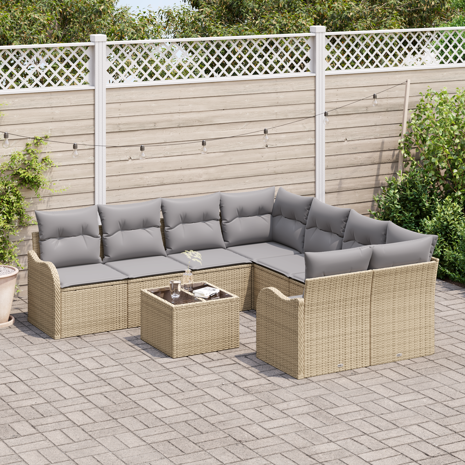 vidaXL 9-delige tuinset met kussens in beige poly rattan