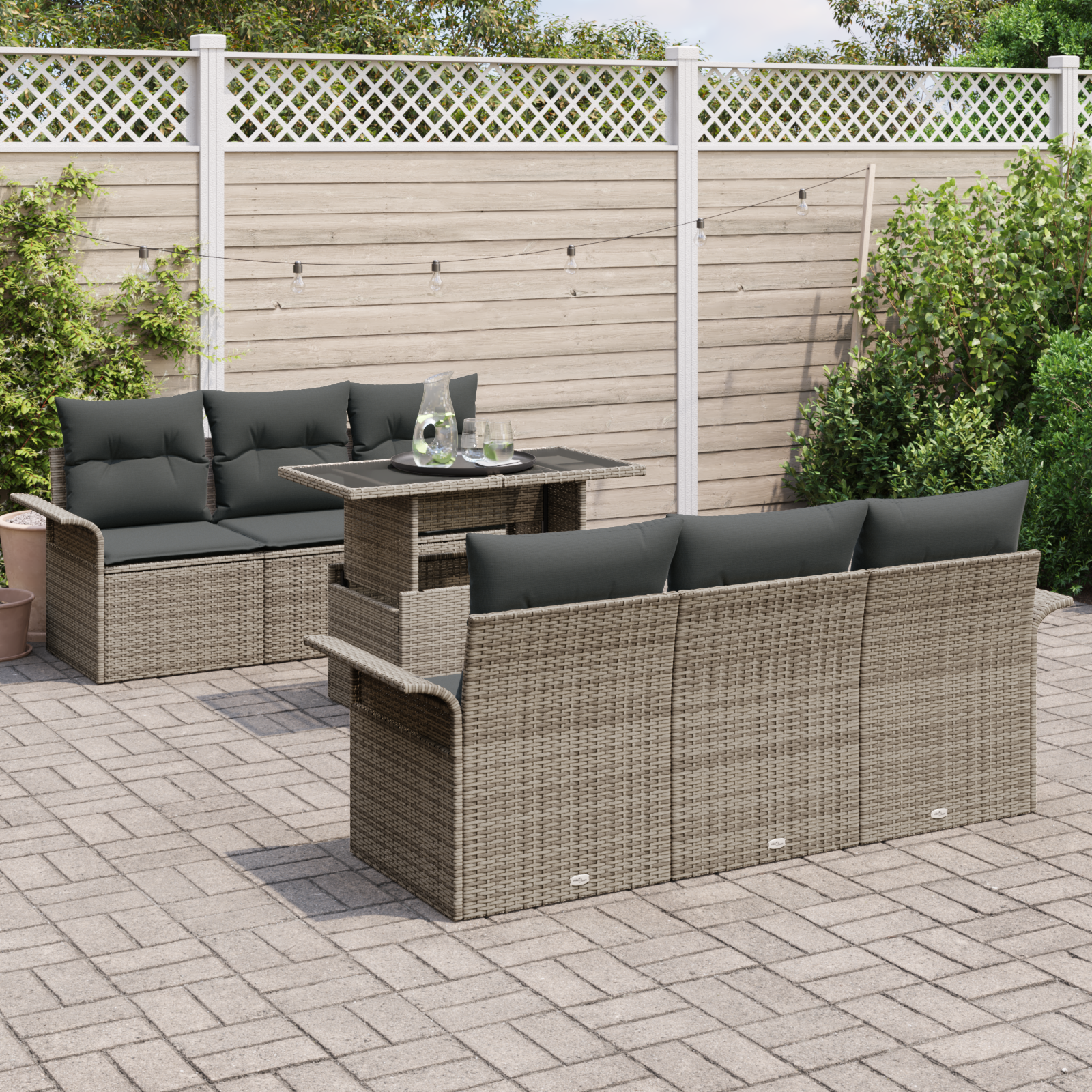 vidaXL 7-delige Tuinbankenset met kussens poly rattan grijs