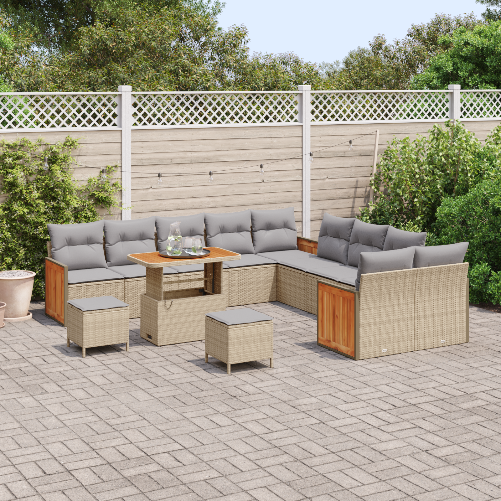 vidaXL 13-delige tuinbankset met kussens beige poly rattan acacia