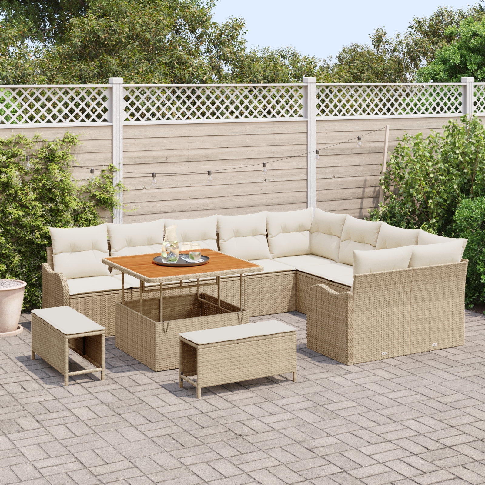 vidaXL 12-delige Tuinbankenset met kussens poly rattan acacia beige