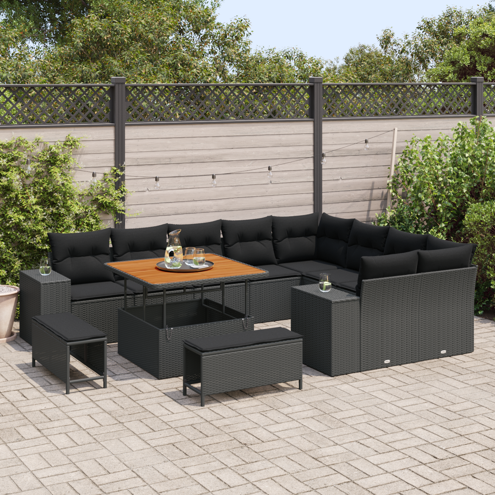 vidaXL 12-delige tuinsofa set met kussens, zwart poly rattan en acacia