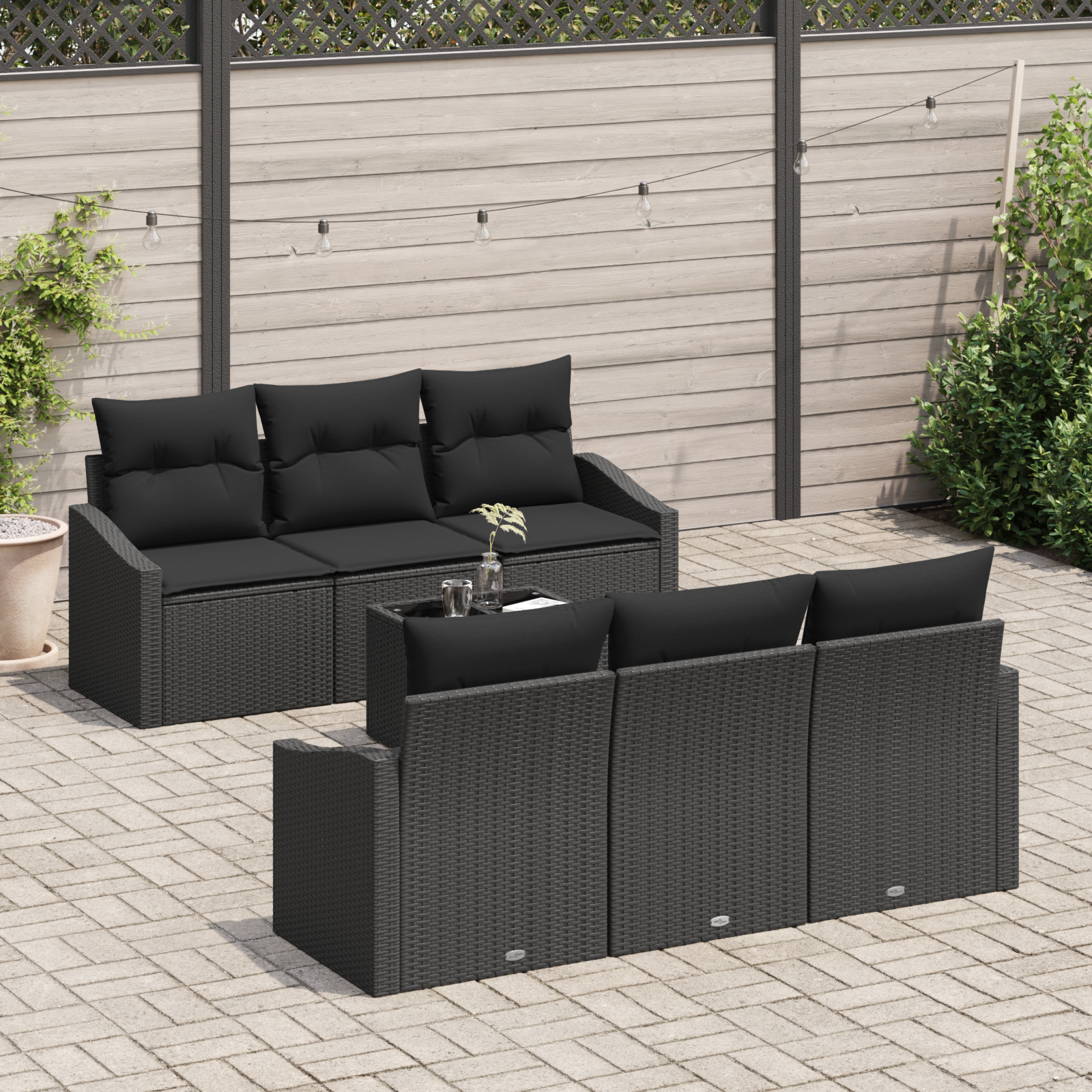 vidaXL 7-delige tuinset met kussens in zwart rattan