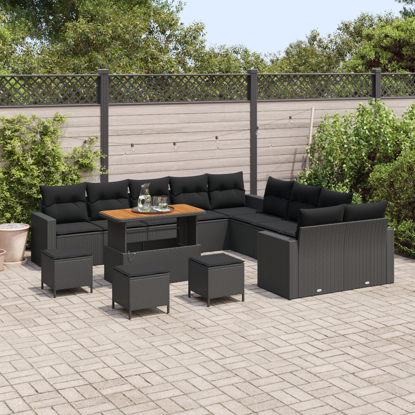 vidaXL 14-delige Tuinbankenset met kussens poly rattan acacia zwart