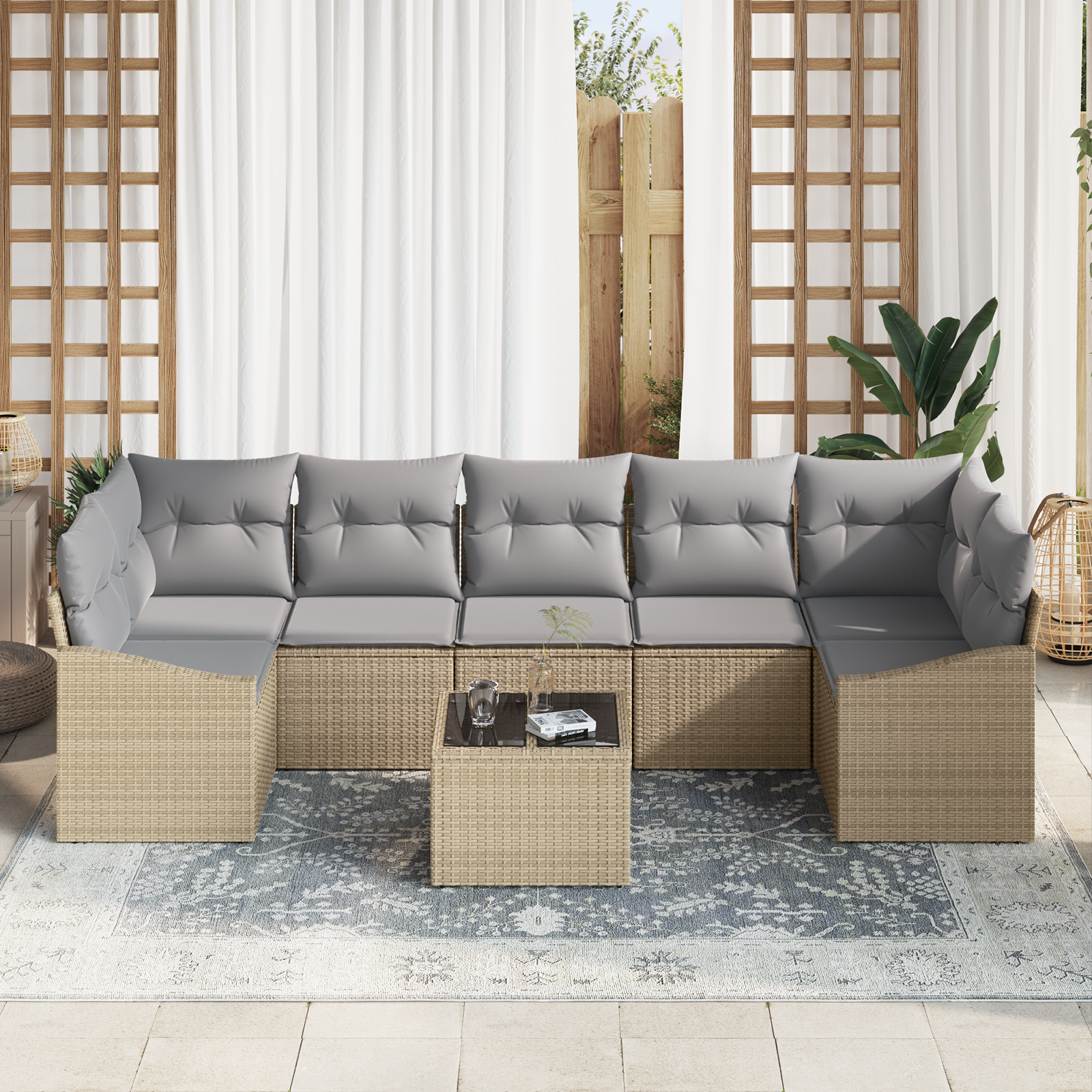 vidaXL 8-delige Tuinbankenset met kussens poly rattan beige