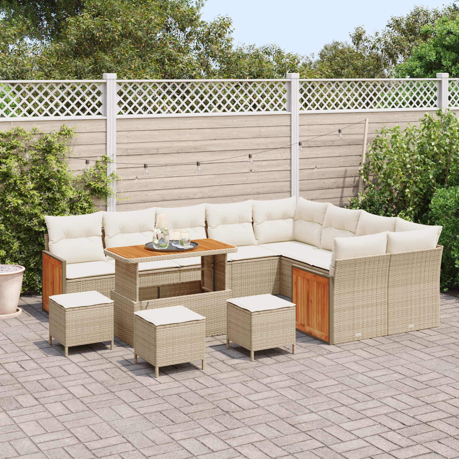 vidaXL 13-delige tuinbankset met kussens in beige poly riet en acacia