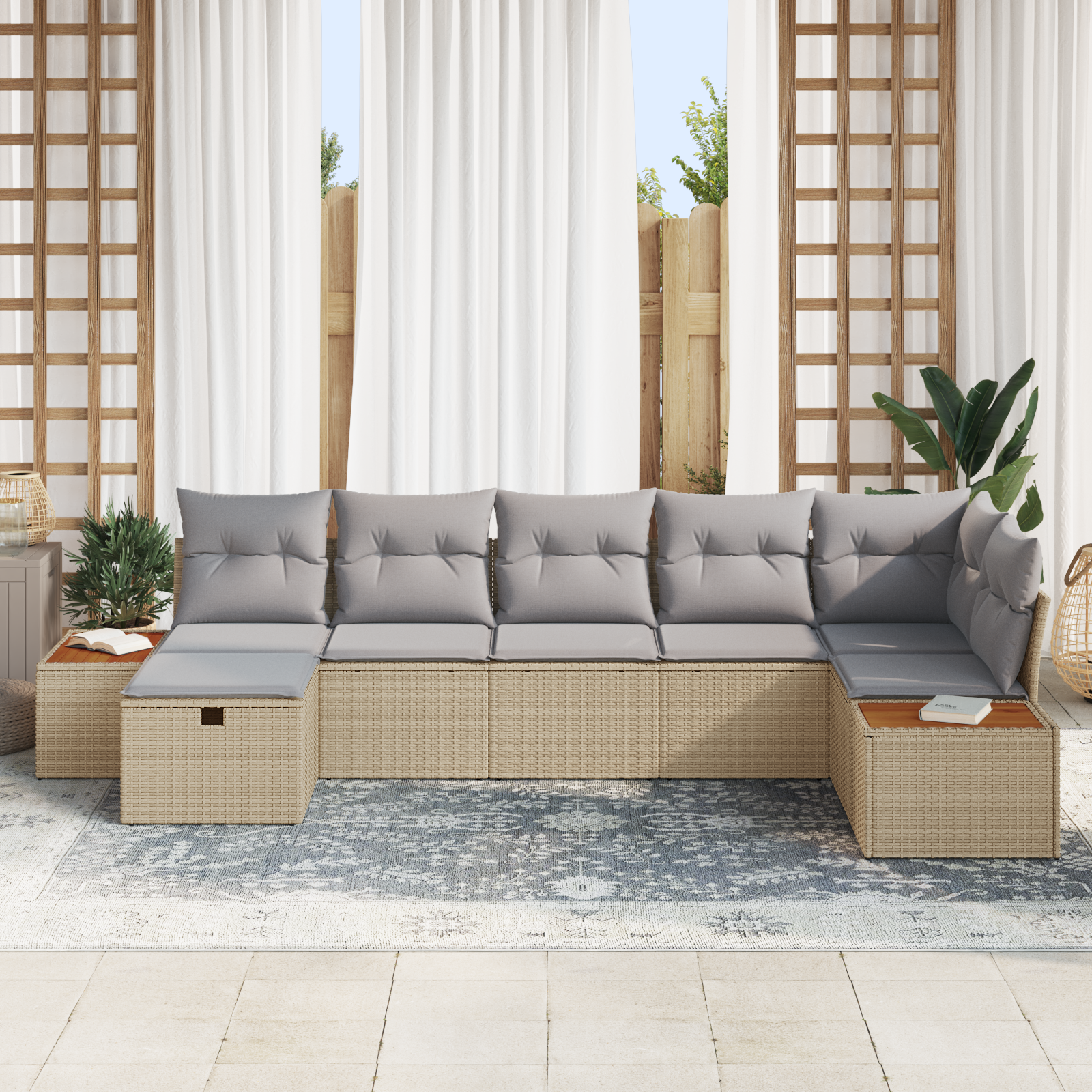 vidaXL 7-delige tuinset met kussens in beige poly rattan