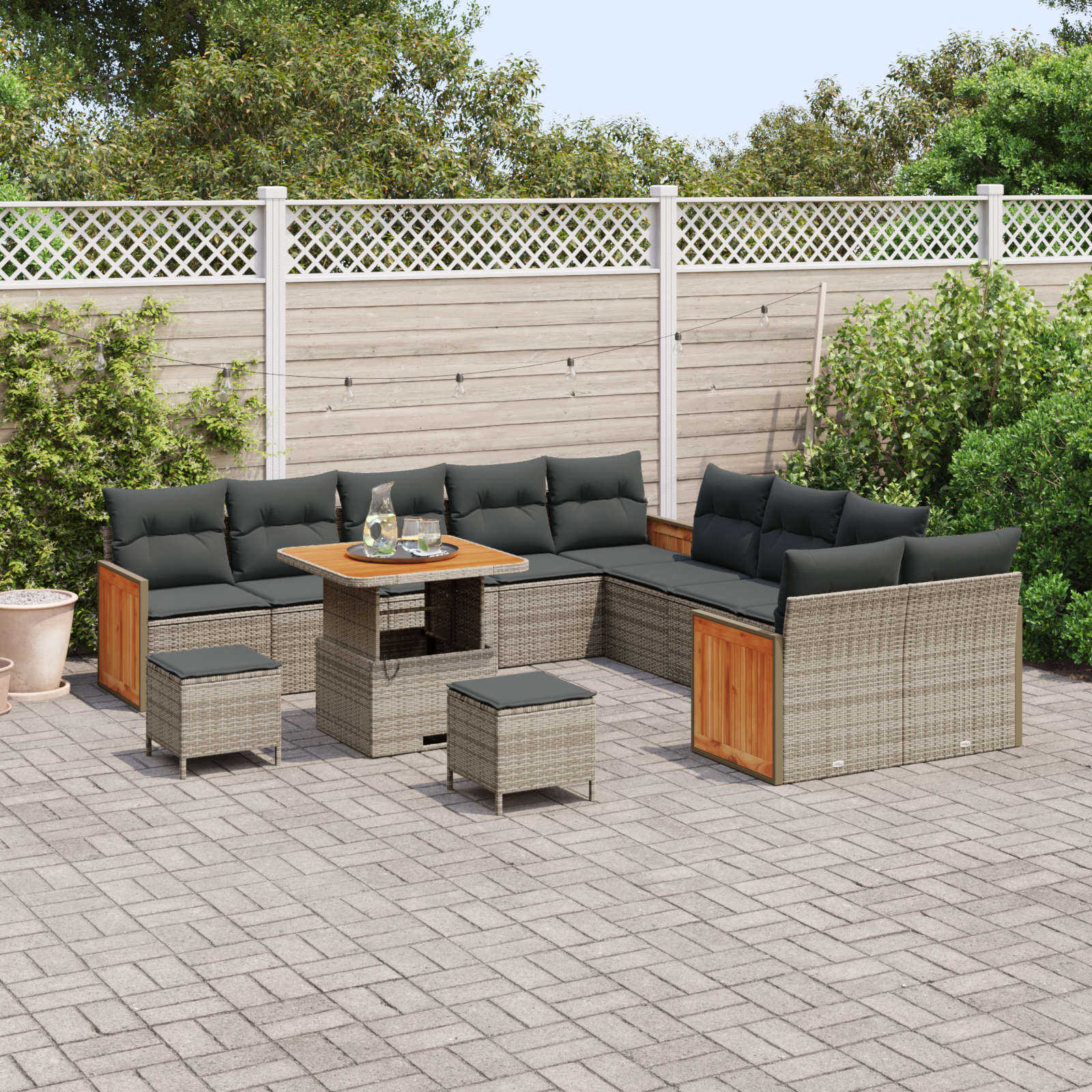 vidaXL 13 Delige Tuinbank Set met Kussens Grijs Poly Rattan Acacia