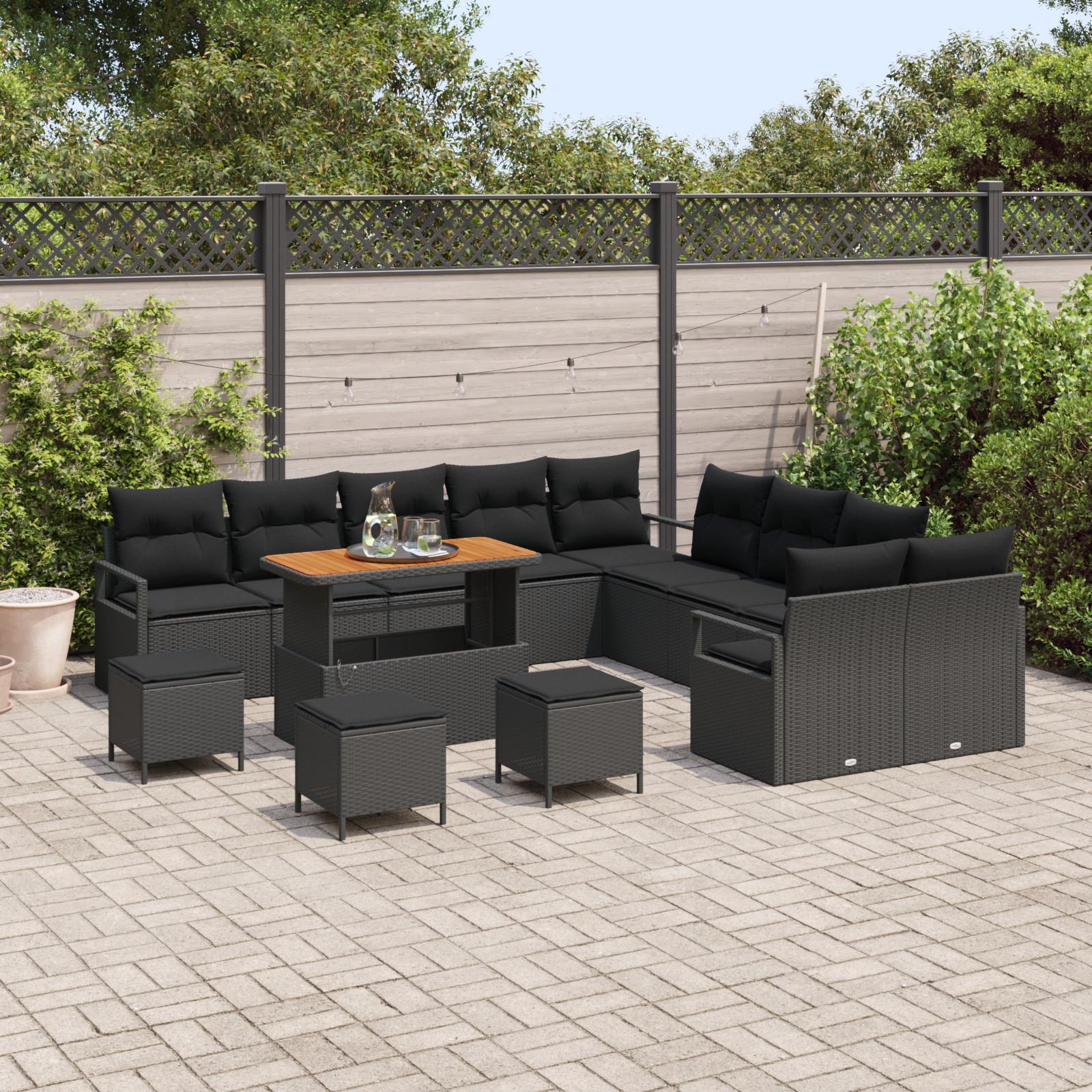 vidaXL 14-delige Tuinbankenset met kussens poly rattan acacia zwart