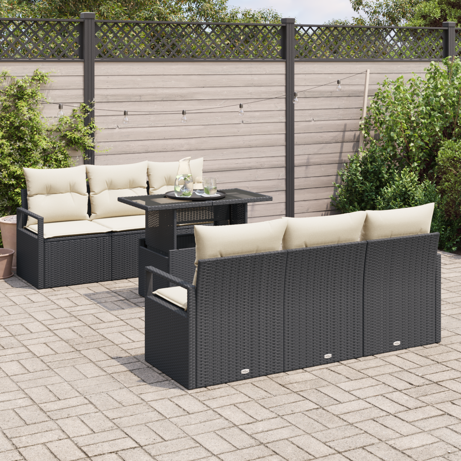 vidaXL 7-delige tuinset met kussens zwart poly rattan
