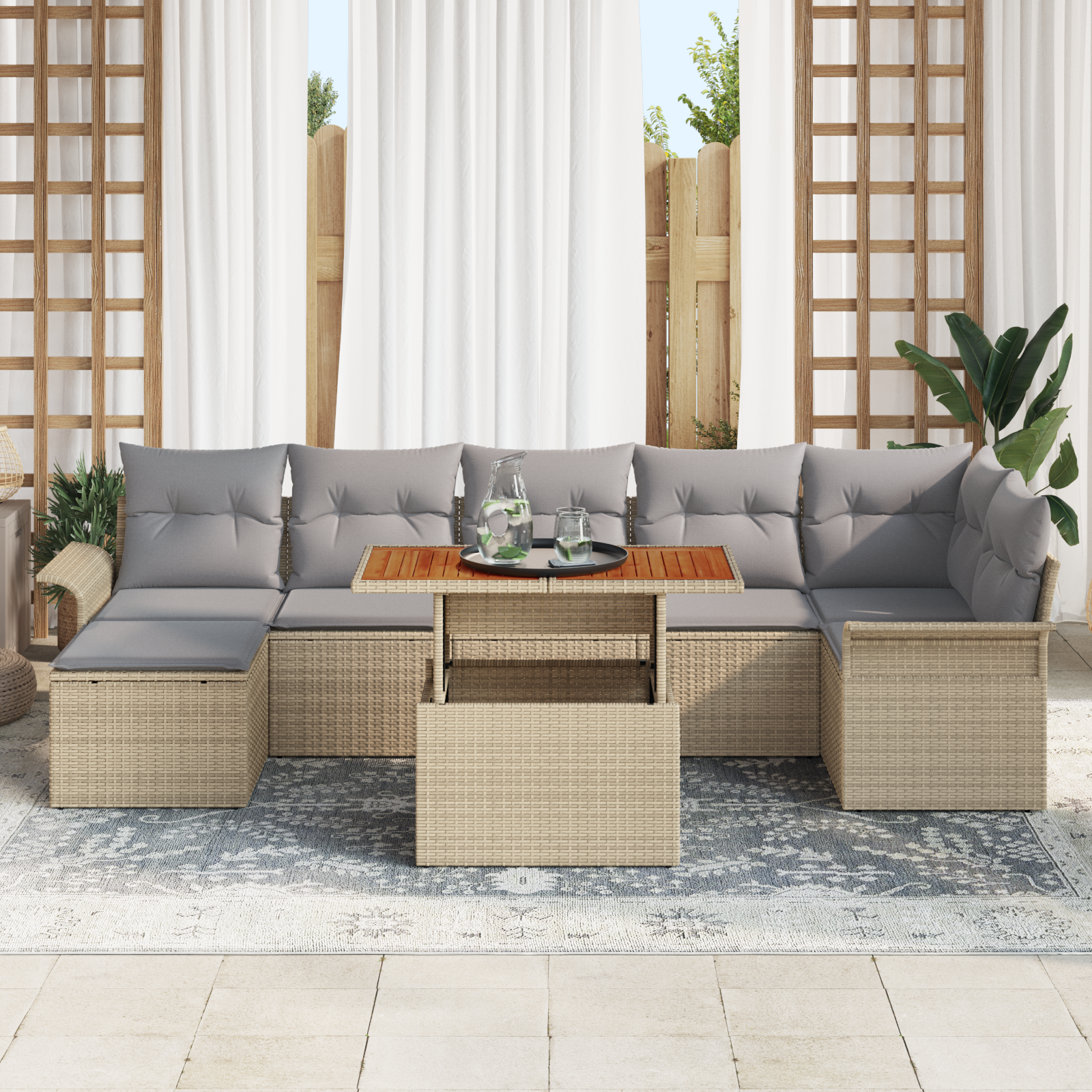 vidaXL 8-delige Tuinset met kussens poly rattan acaciahout beige