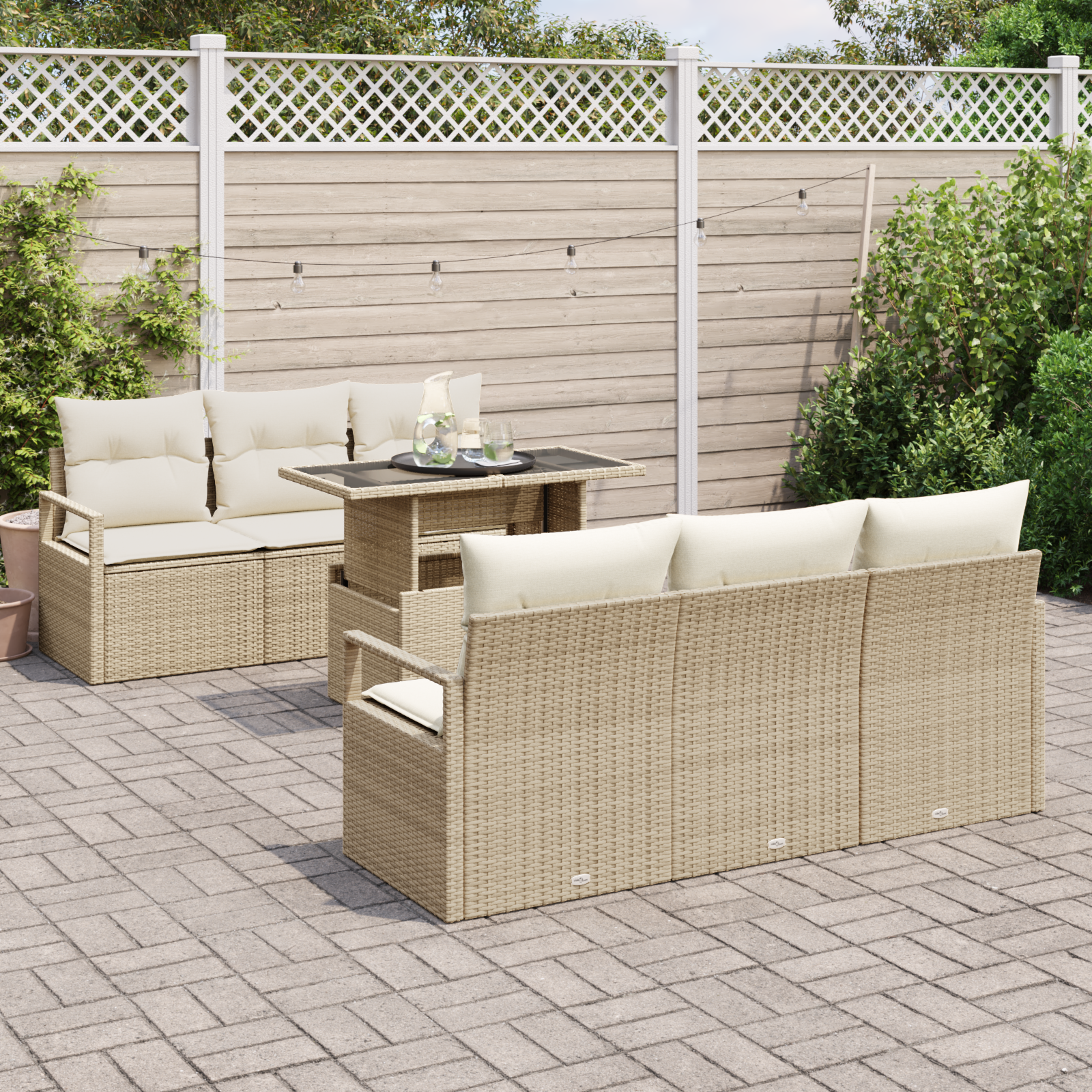 vidaXL 7-delige tuinsofa set met kussens in Beige Poly Rattan