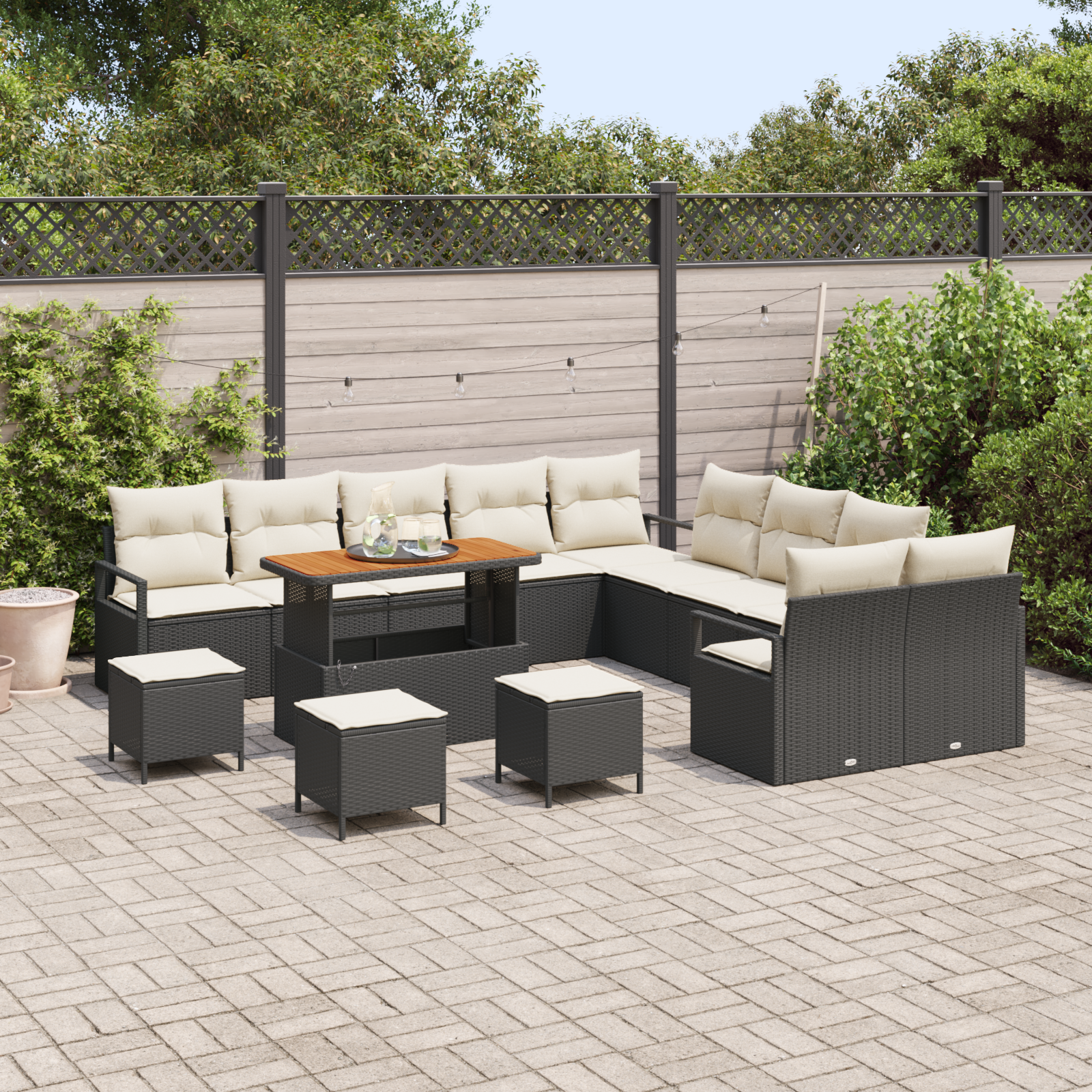 vidaXL 5-delige Tuinbankenset met kussens poly rattan acacia zwart