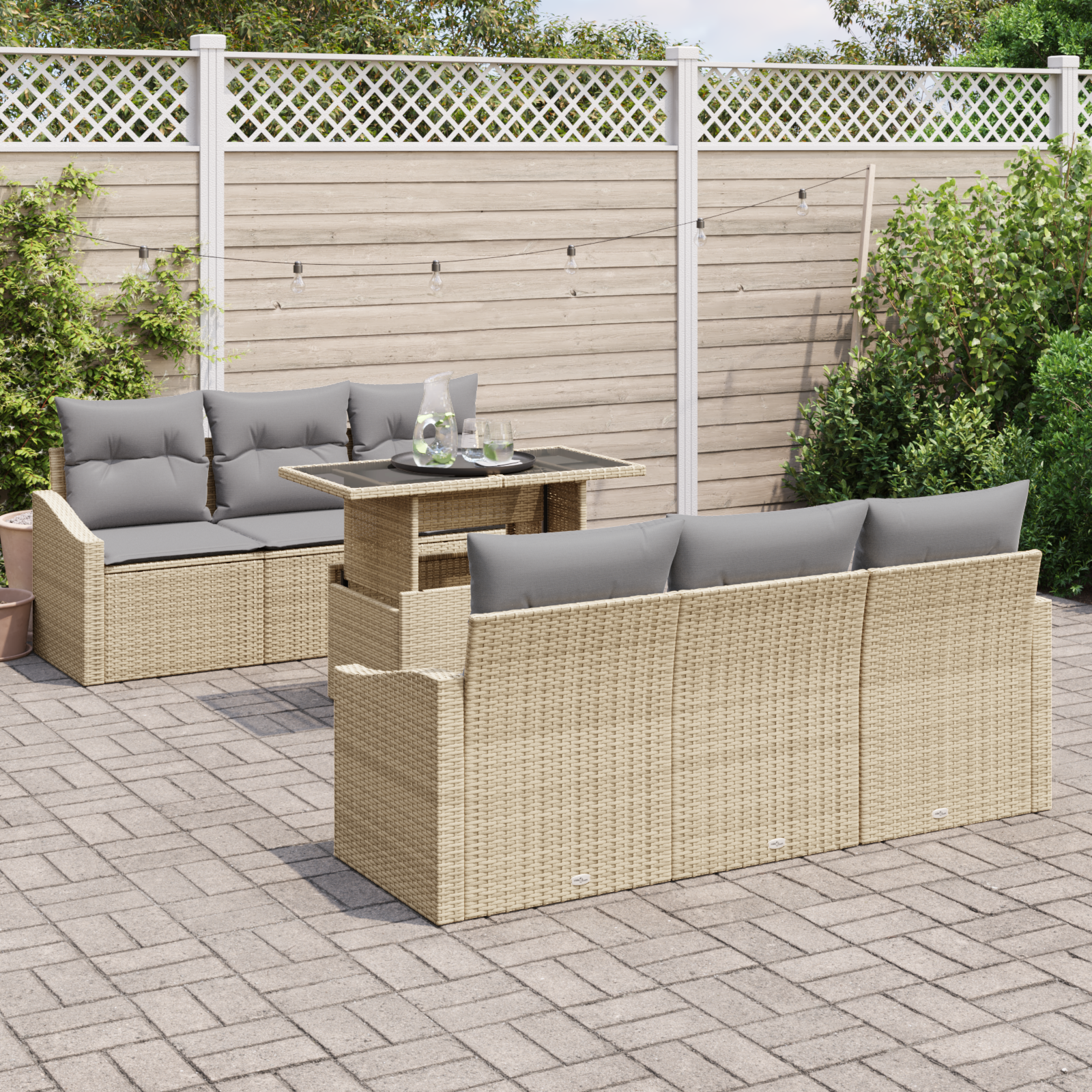 vidaXL 7-delig tuinmeubelset met kussens Beige Poly Rattan