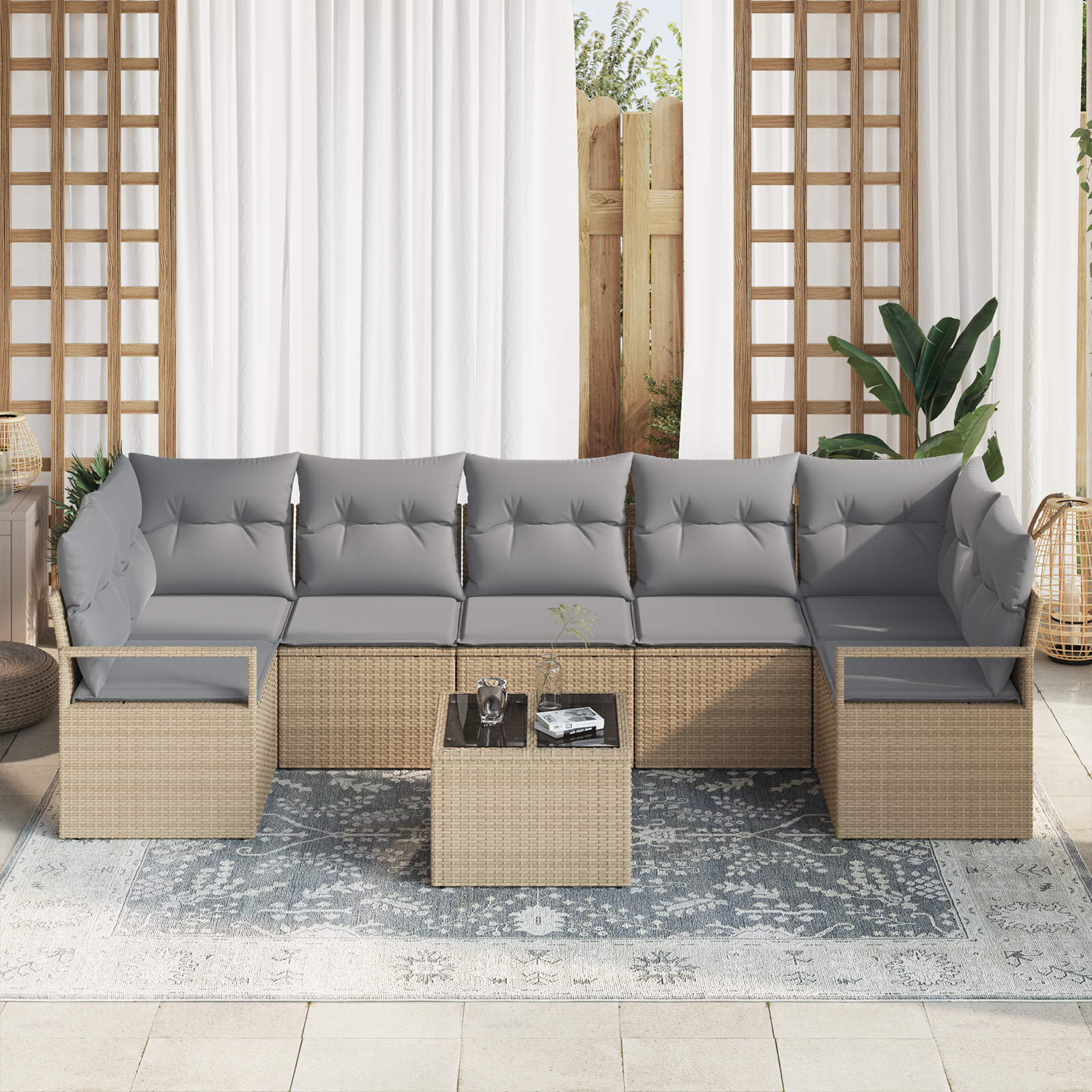 vidaXL 8-delige tuinset met kussens in beige poly rattan