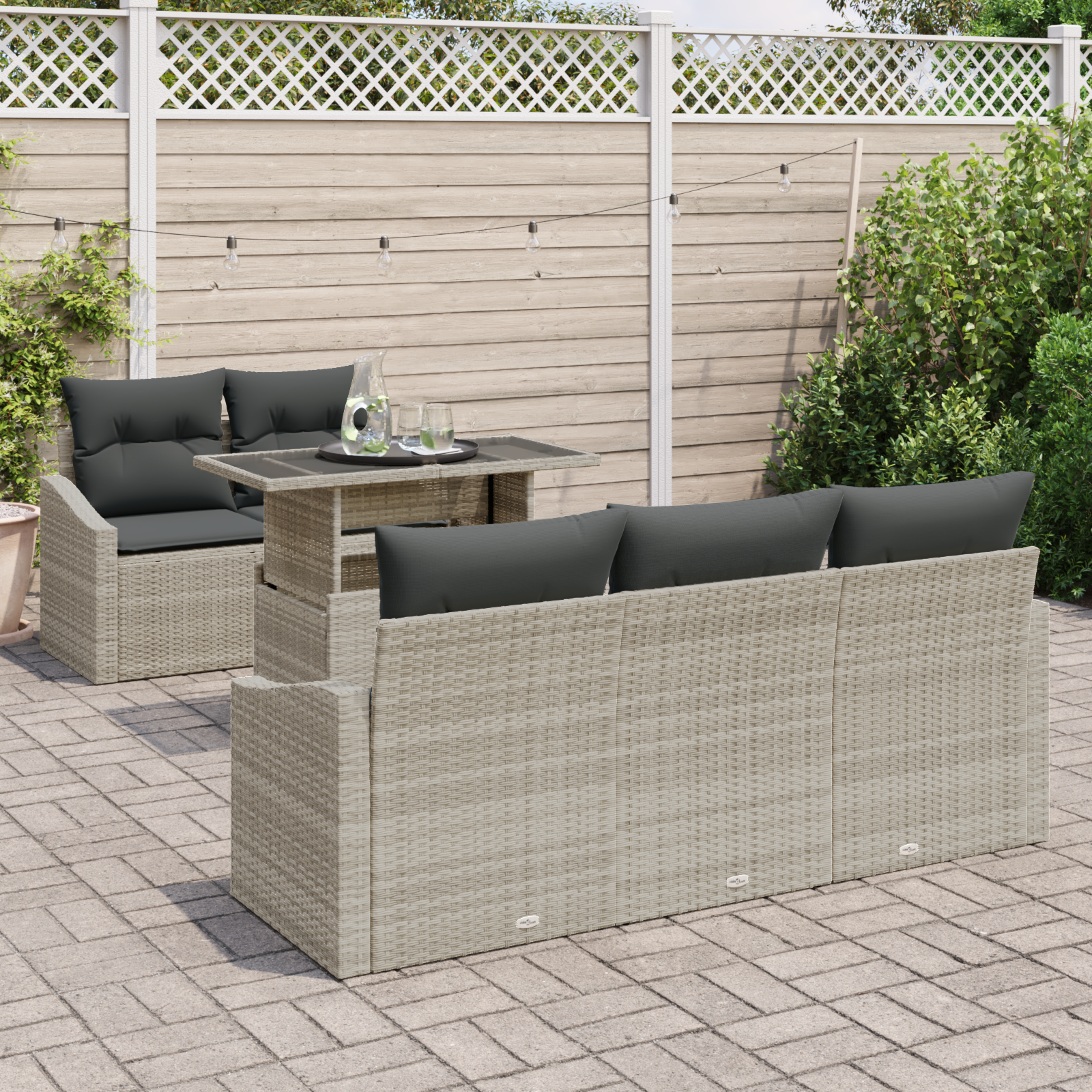 vidaXL 6-delige tuinbankset met kussen in lichtgrijs poly rattan