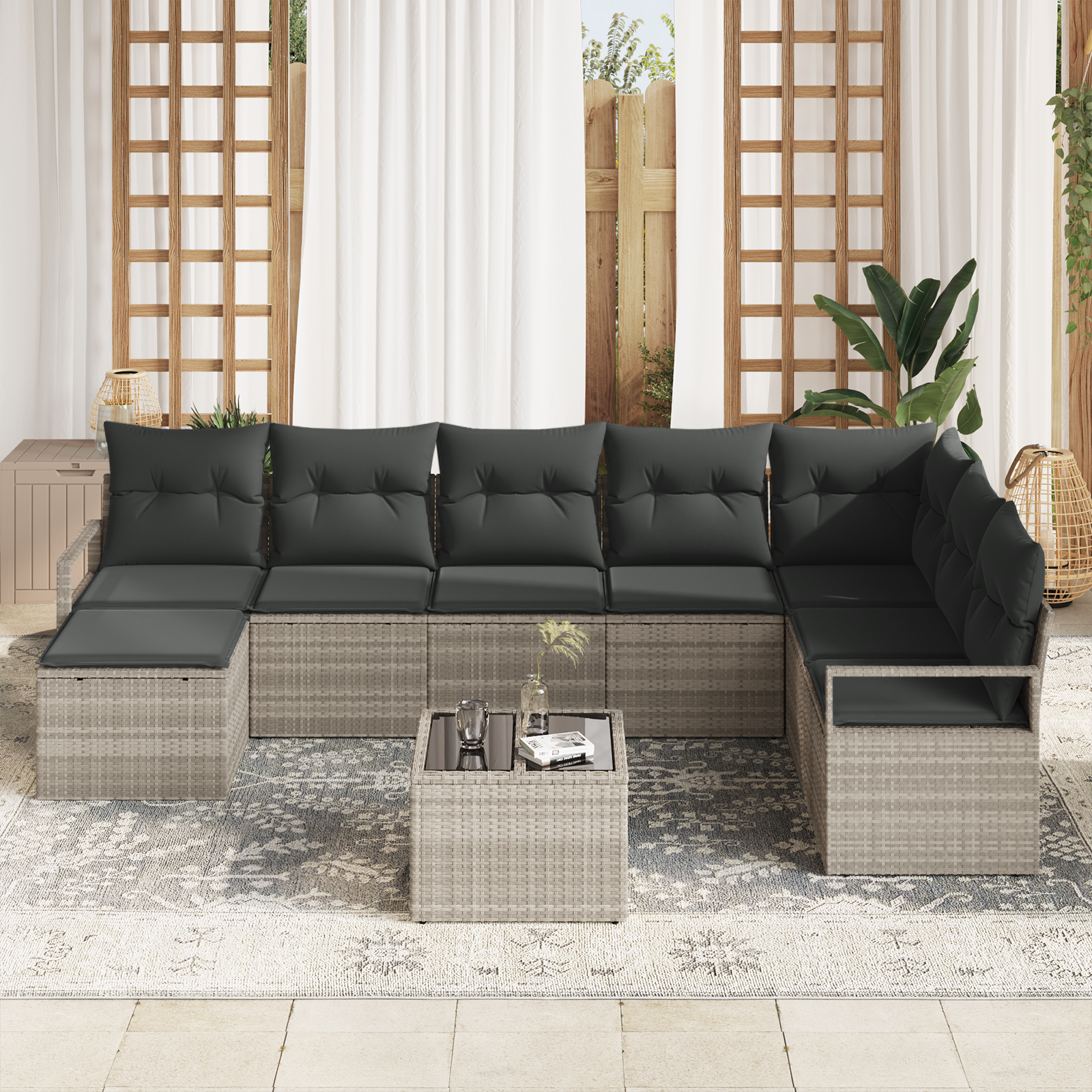 vidaXL 8-delige Tuinbankenset met kussens poly rattan grijs