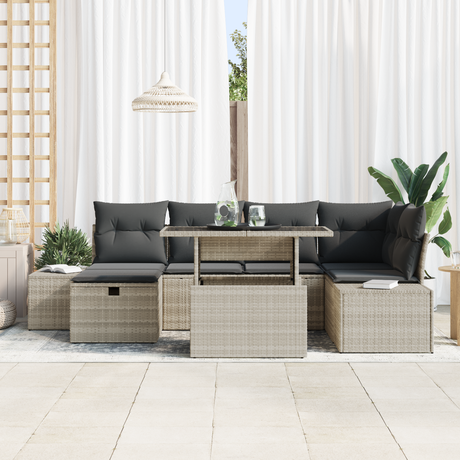 vidaXL 7-delige Tuinbankenset met kussens poly rattan lichtgrijs