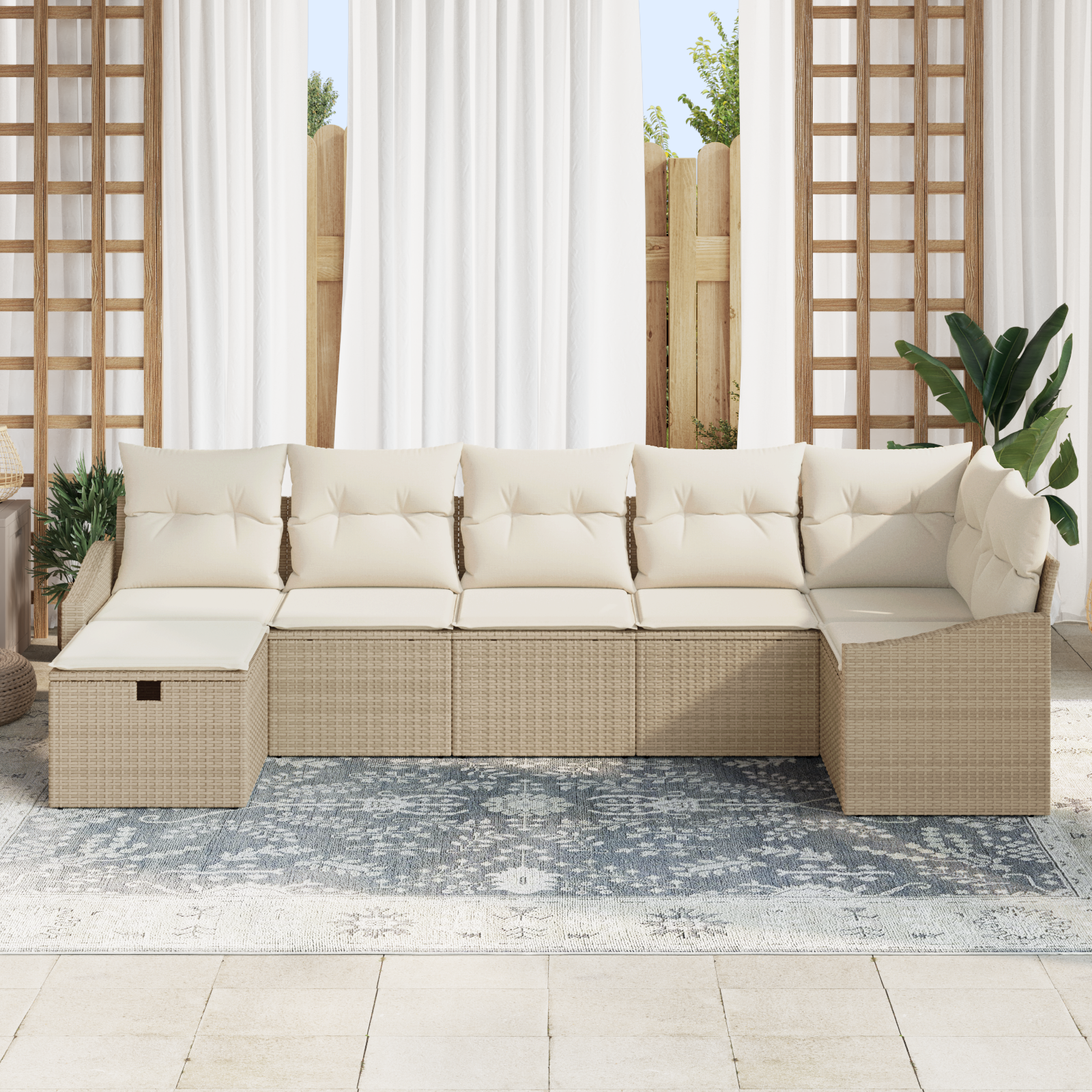 vidaXL 7-delige Tuinbankenset met kussens poly rattan beige