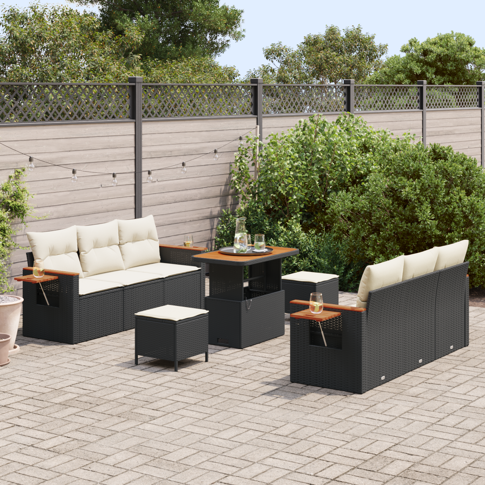 vidaXL 9-delige Tuinbankenset met kussens poly rattan acacia zwart