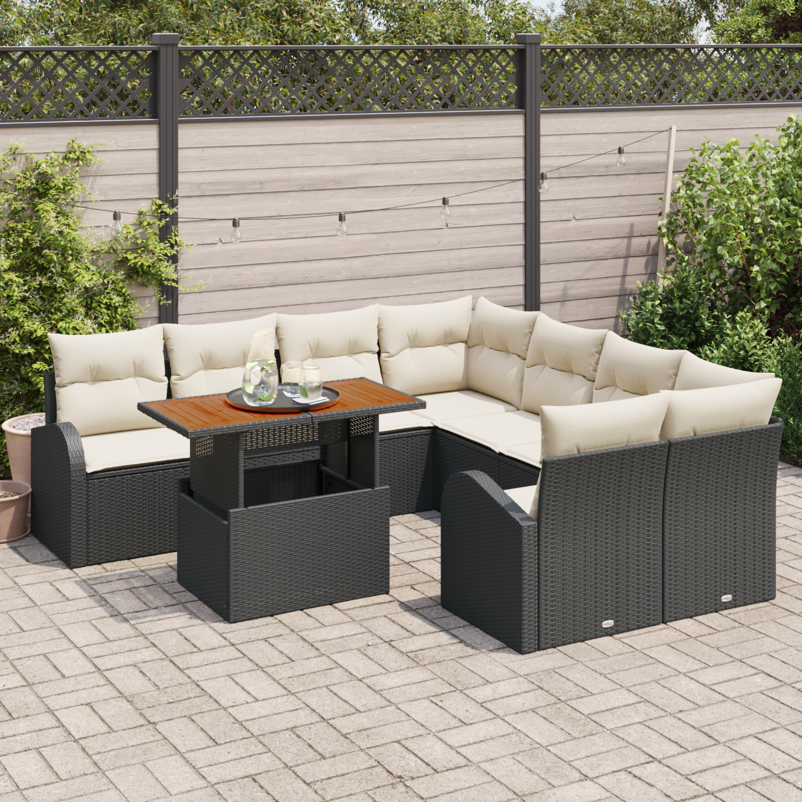 vidaXL 9-delige Tuin Eetset met Kussens Zwart Poly Rattan Acacia
