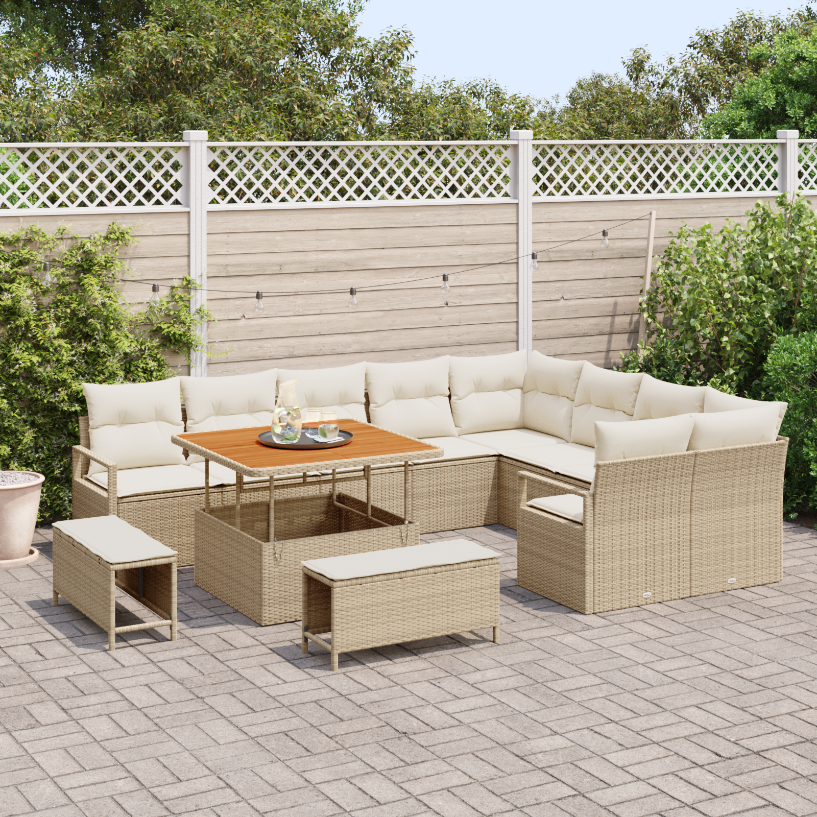 vidaXL 12-delige Tuinbankenset met kussens poly rattan acacia beige