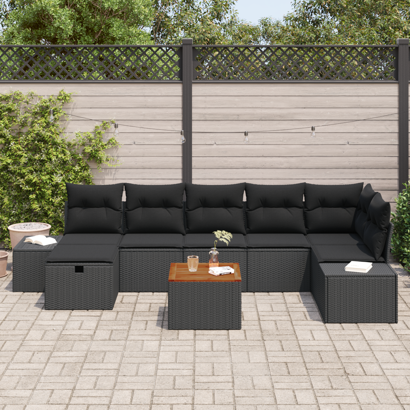 vidaXL 8-delige Tuinbankenset met kussens poly rattan zwart