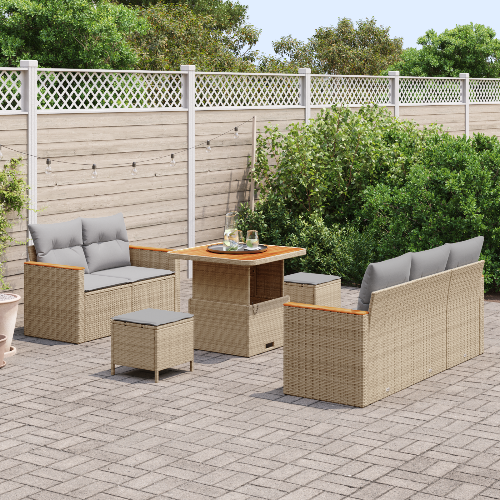 vidaXL 8-delige tuinset met kussens in beige poly rattan en acacia
