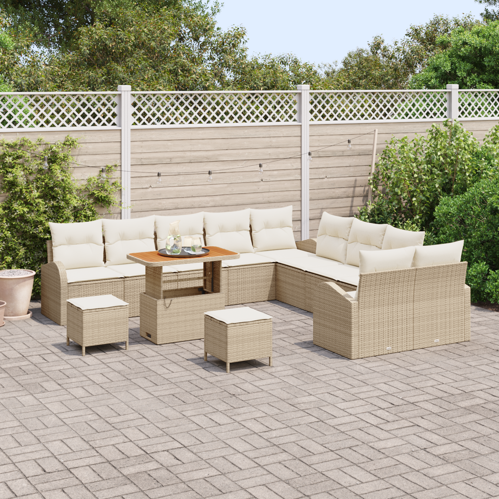 vidaXL 13-delige Tuinbankenset met kussens poly rattan acacia beige