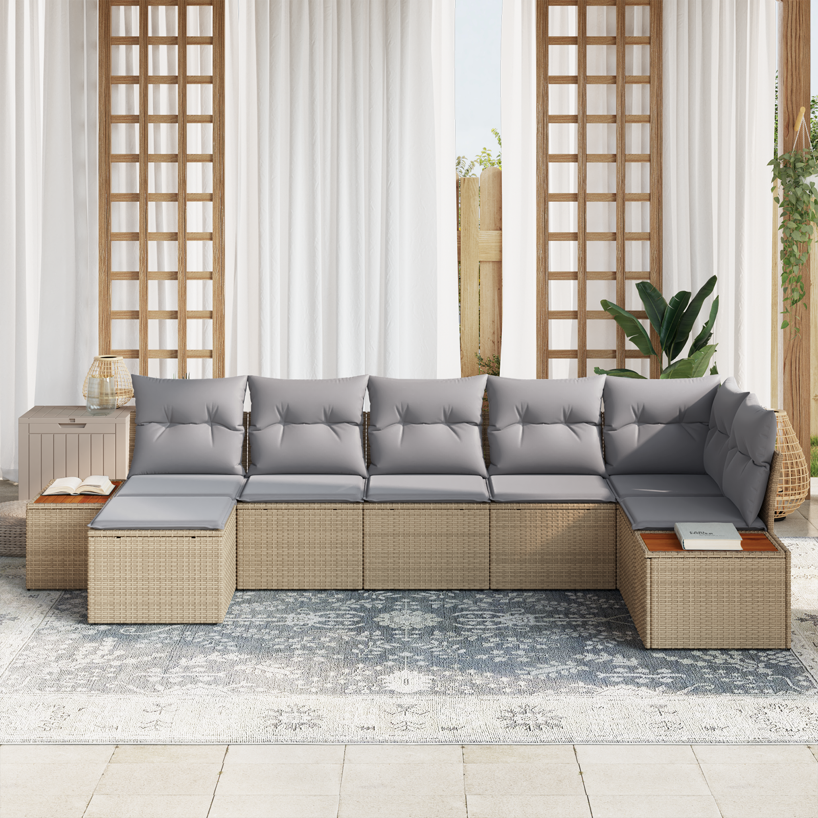 vidaXL 7-delige Tuinbankenset met kussens poly rattan acacia beige