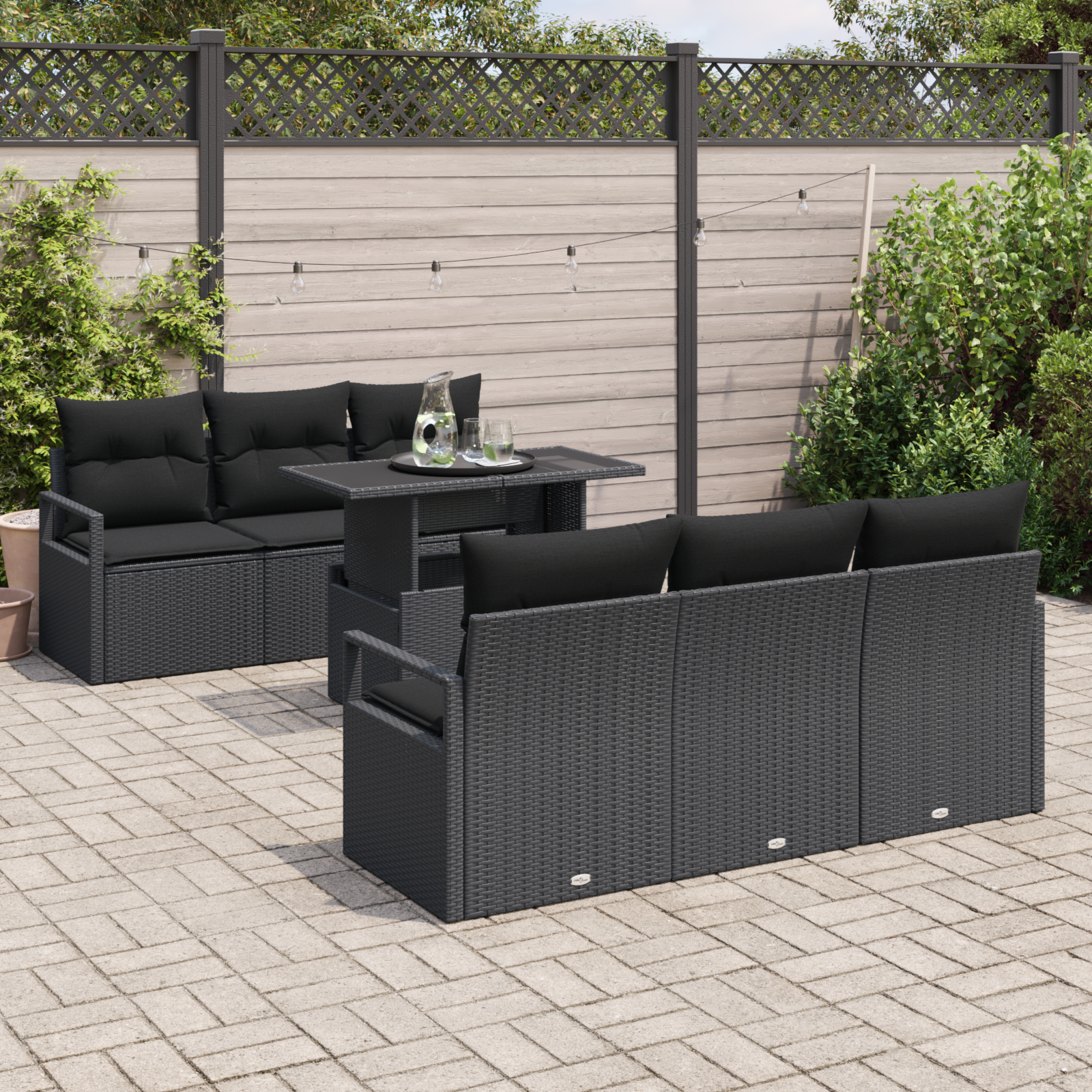 vidaXL 7-delige tuinset met kussens zwart poly rattan