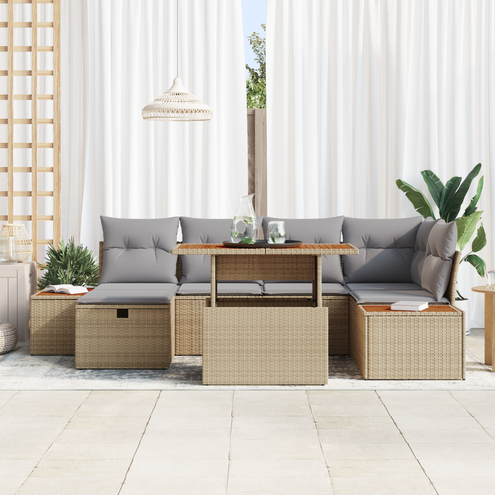 vidaXL 7-delige Tuinbankenset met kussens poly rattan beige