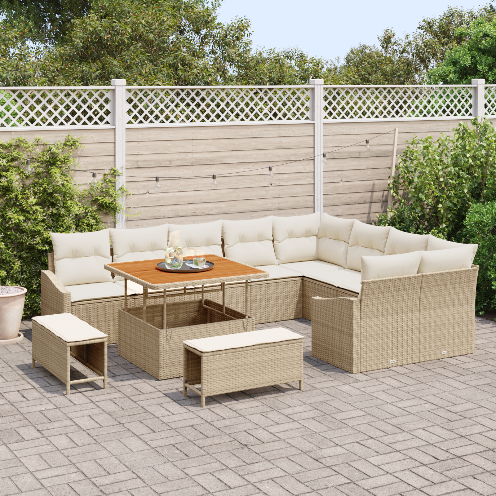 vidaXL 12-delige Tuinbankenset met kussens poly rattan acacia beige