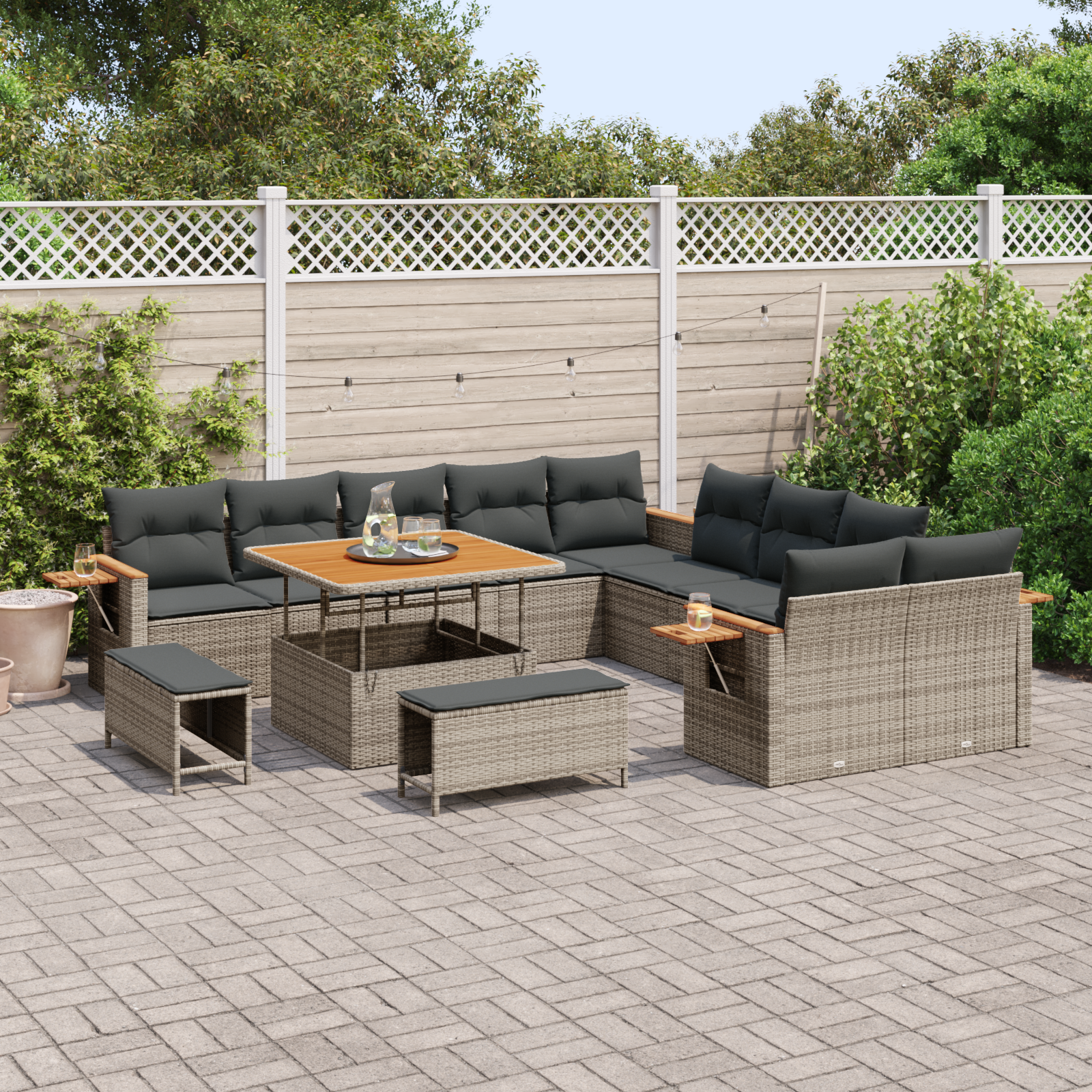 vidaXL 13-delige Tuinbankenset met kussens poly rattan acacia grijs