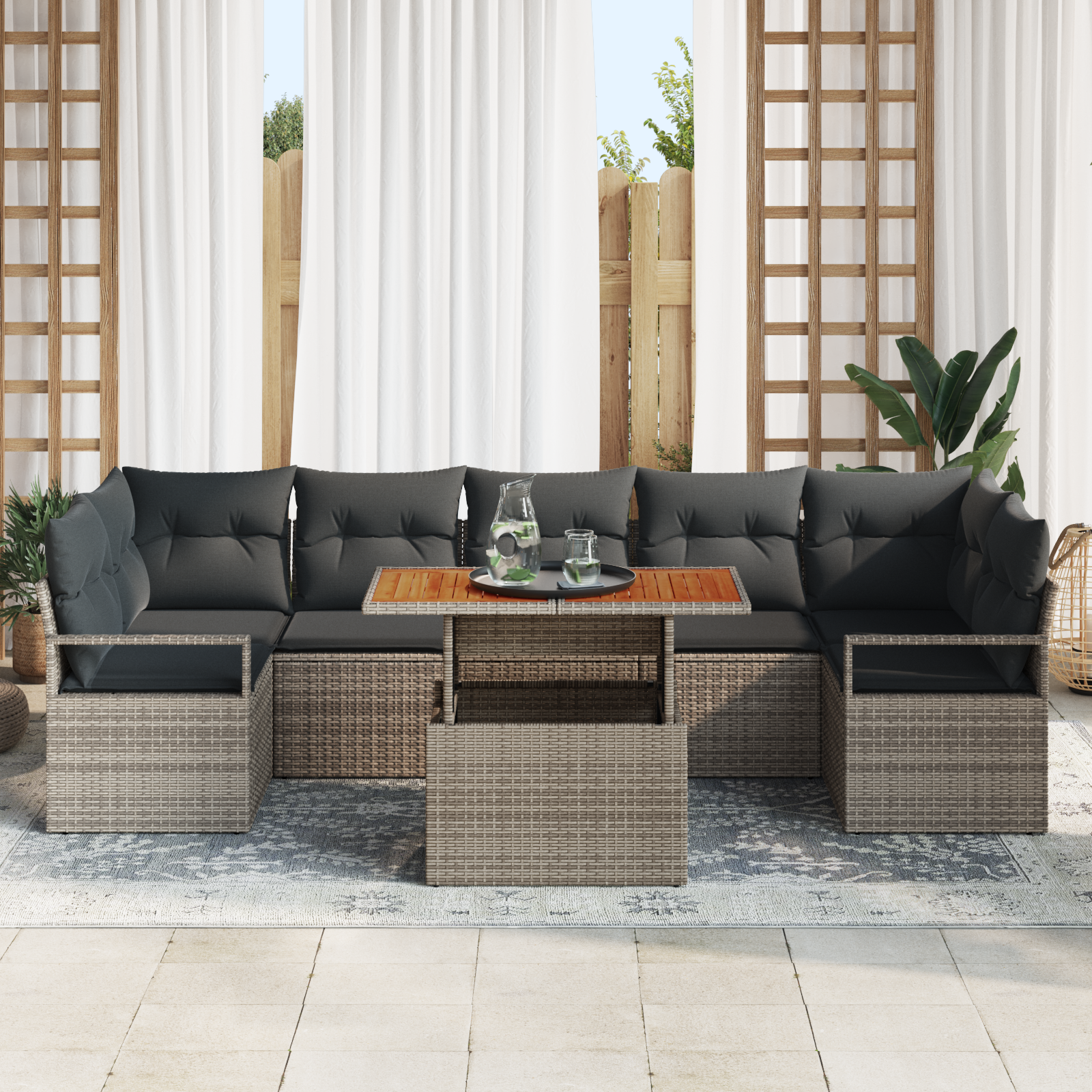 vidaXL 8-delige Tuinbankenset met kussens poly rattan acacia grijs