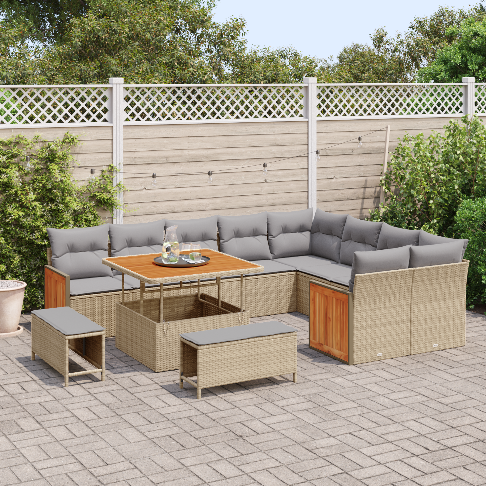 vidaXL 12-delige Tuinbankenset met kussens poly rattan acacia beige