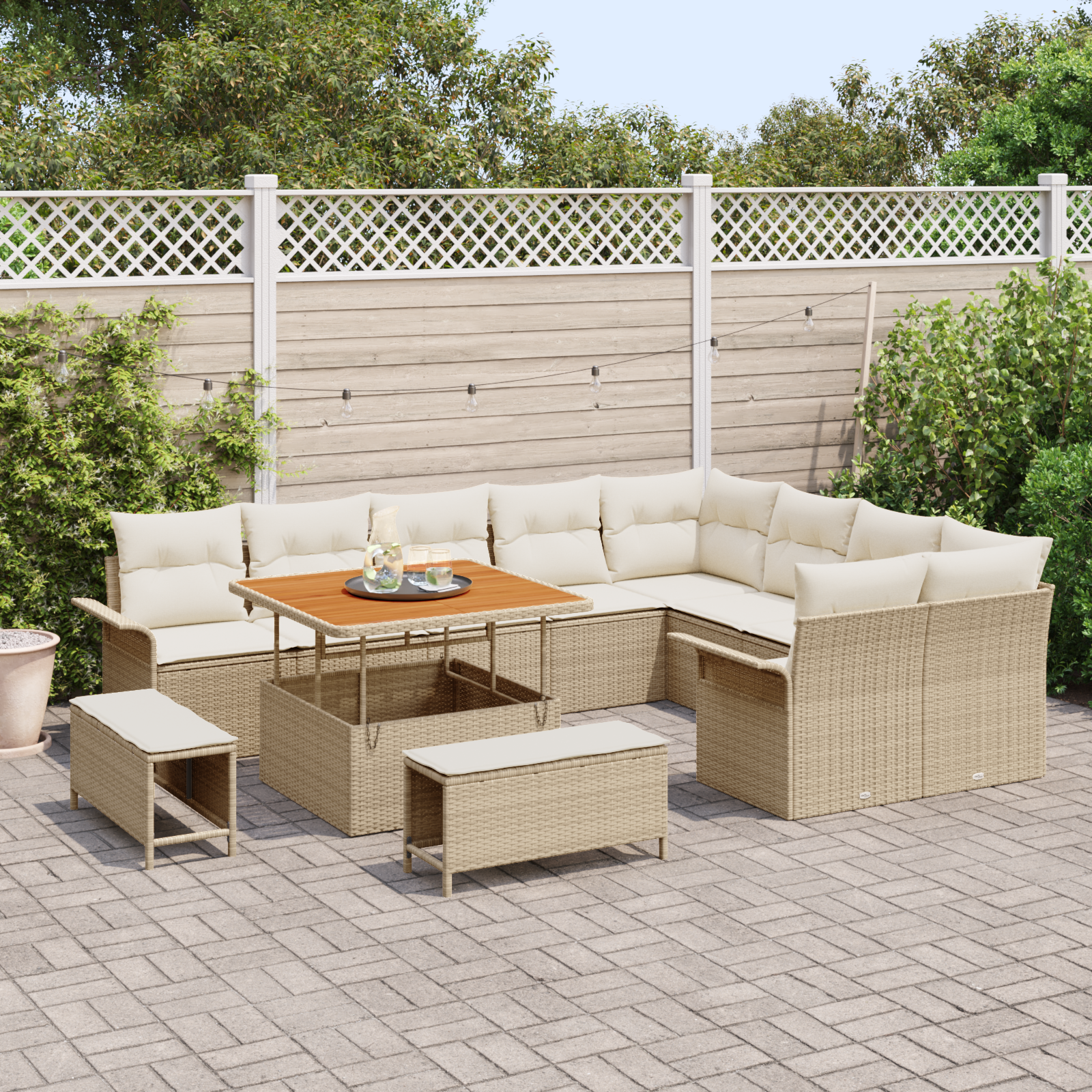 vidaXL 12-delige tuinset met kussens in beige poly riet en acacia