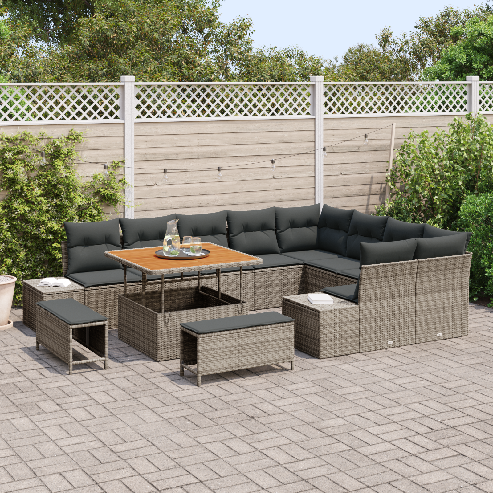 vidaXL 12-delige Tuinbankenset met kussens poly rattan acacia grijs