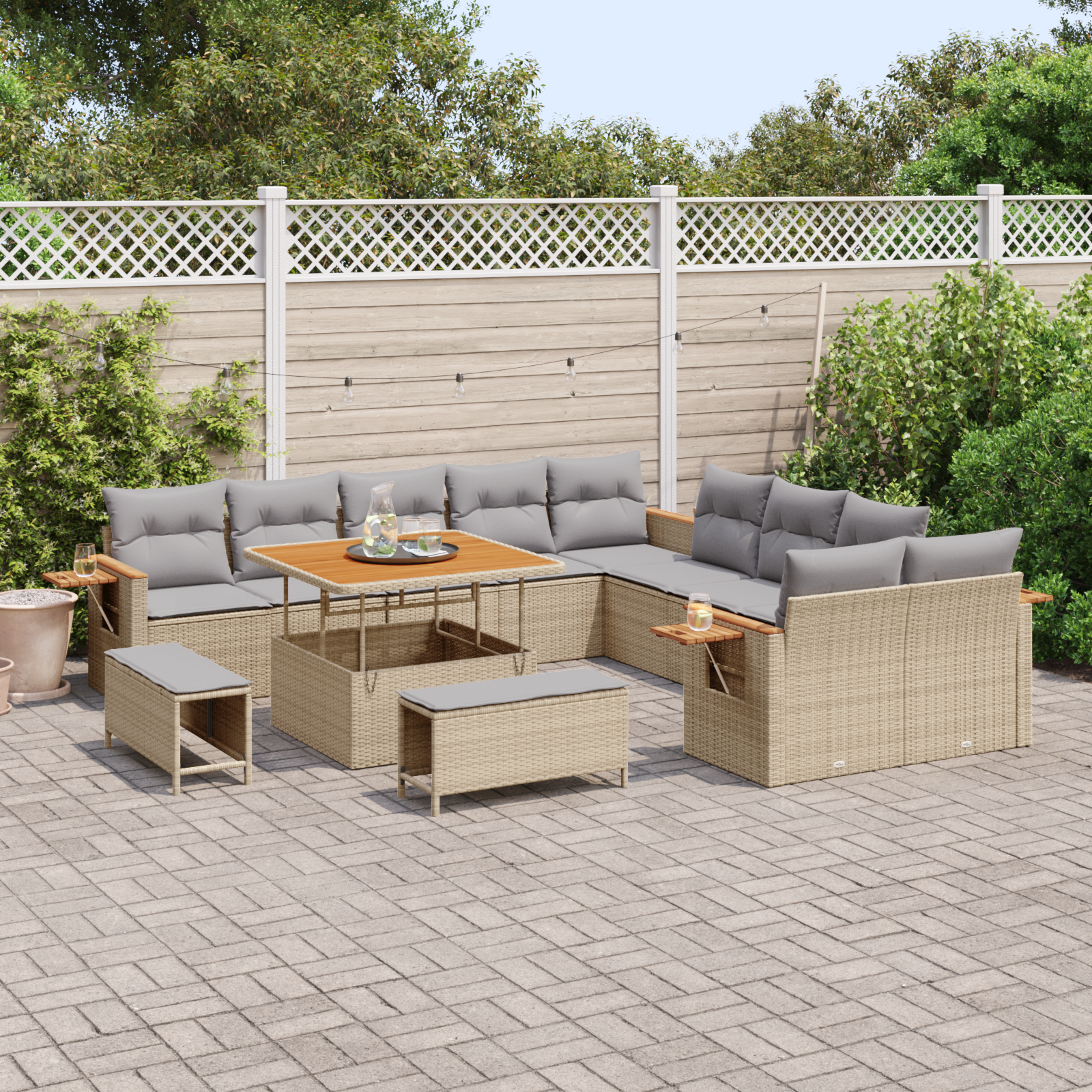 vidaXL 13-delige Tuinbankenset met kussens poly rattan acacia beige