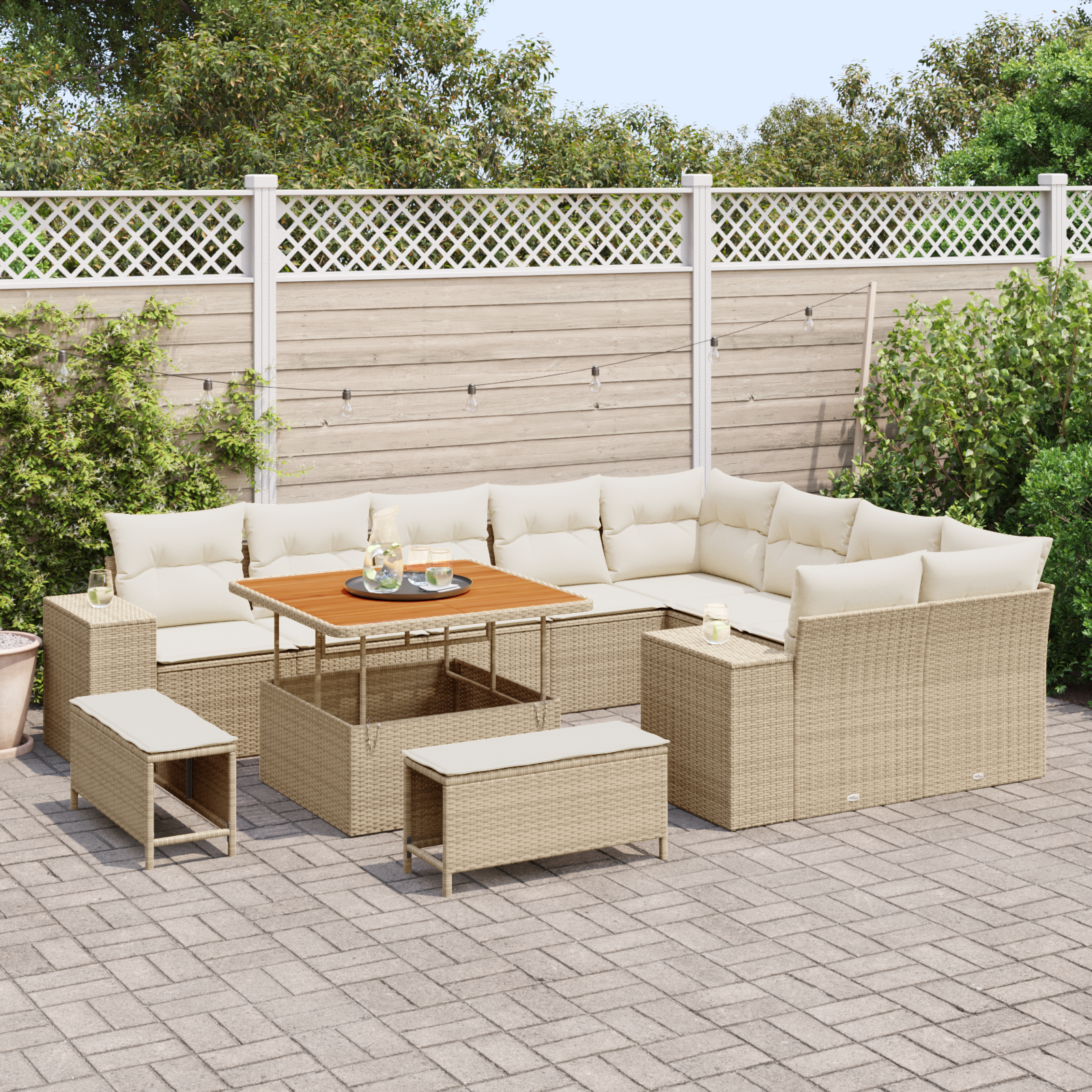 vidaXL 12-delige tuinbankset met kussens in beige van poly rattan en acacia