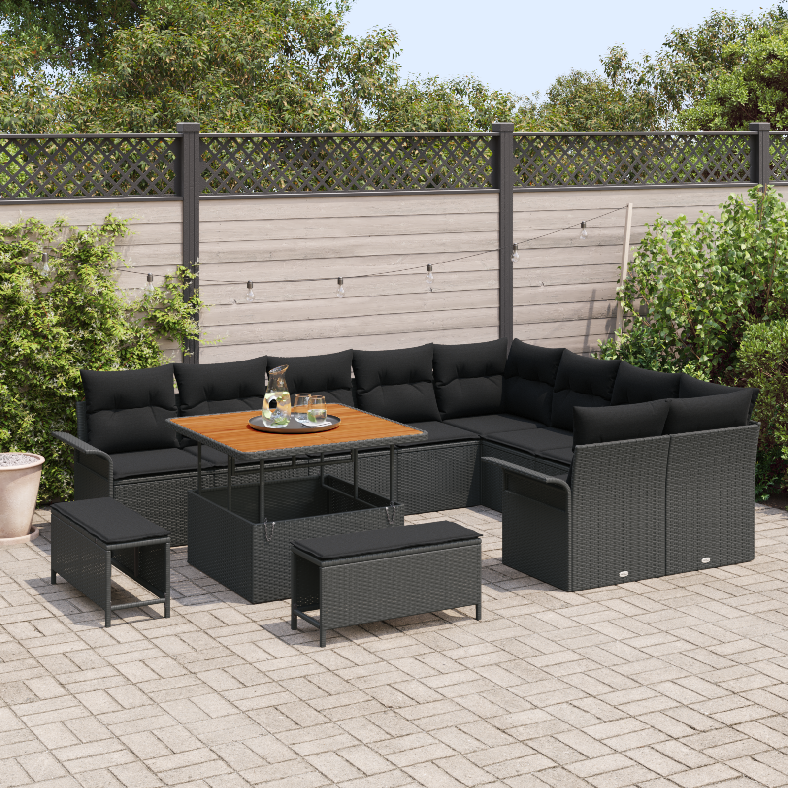 vidaXL 12-delige tuinset met kussens zwart poly rattan acacia
