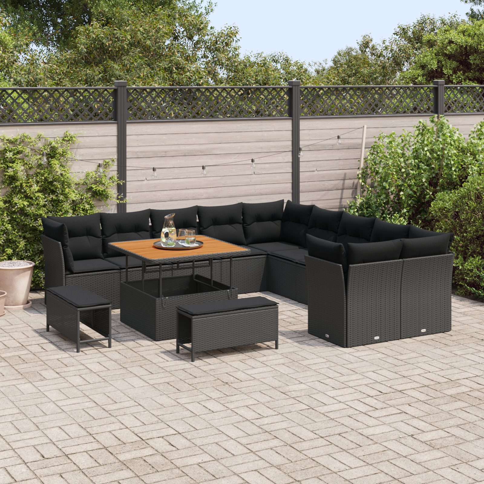 vidaXL 13-delige tuinset met kussens - zwart poly rattan en acacia