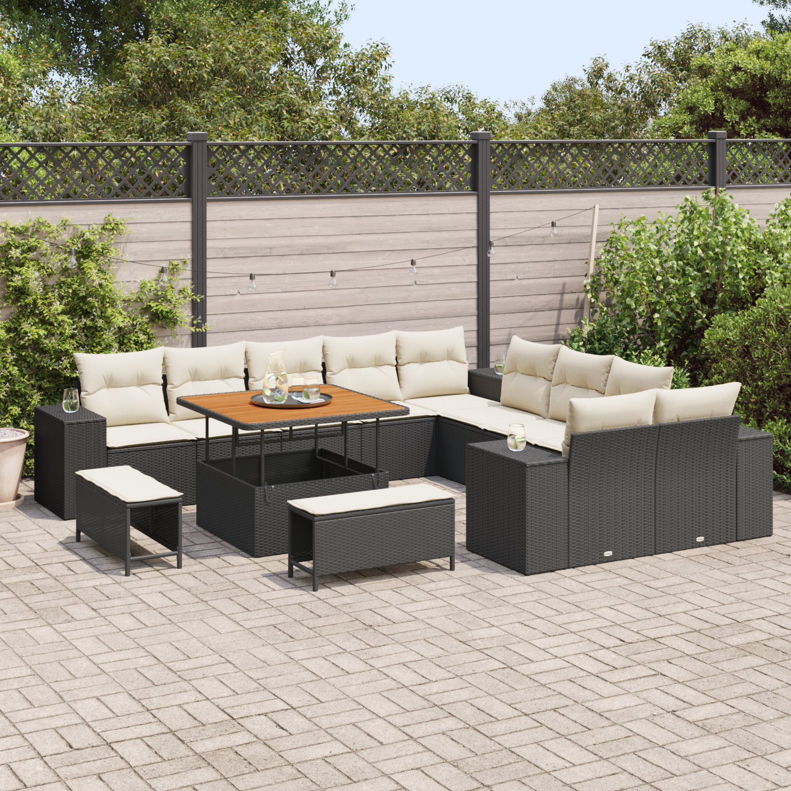 vidaXL 13-delige Tuinsofa Set met Kussens Zwart Poly Rattan Acacia