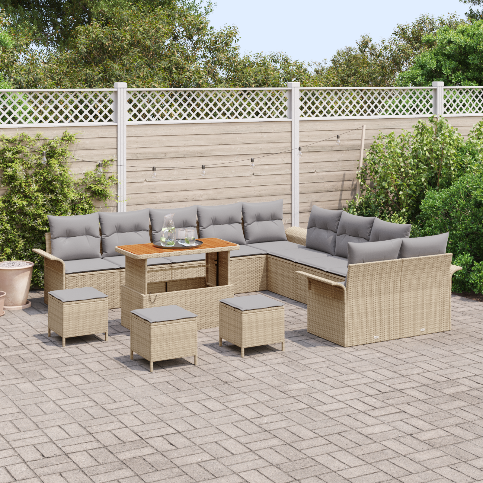 vidaXL 14-delige Tuinbankenset met kussens poly rattan acacia beige